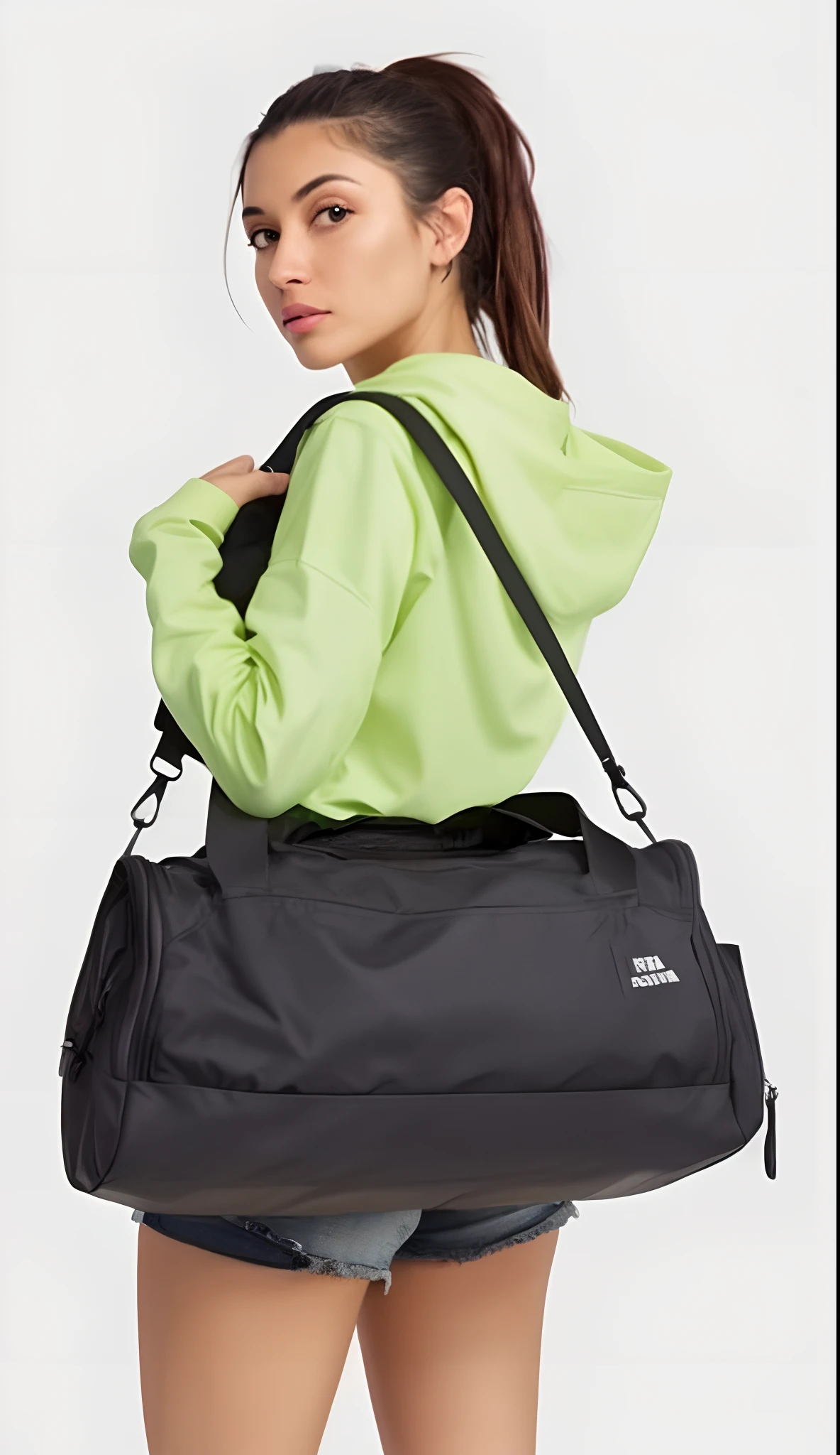 uma mulher de moletom verde e bermuda preta carregando uma mochila preta, Sacos, 3/4 vista frontal, saco sobre a cintura, 🤬 🤮 💕 🎀, corpo inteiro, corpo inteiro, item, symmetric, com dois bolsos frontais, voltar - ver, roupas esportivas, 2 mulheres techwear, Fotografia de uma mulher techwear, fotografia realista, fotografia, obra-prima, realista, Realismo, renderizado, Alto contraste, Arte Digital, fotográficorealista, trend in Artstation 8k HD, high definiton, circunstanciado, Realistic, detalhada, textura da pele, hiperdetalhada, Textura realista da pele, melhor qualidade, ultra high-resolution, (fotografia realista: 1.4), alta resolução, detalhada, fotografia crua, Crisp resolution, Nikon d850 filme, fotografia de stock 4, Kodak Portra 400 Camera F1 Lens.6, textura hiper realista, lighting dramatic, Unrealistic trend in Artstation Cinestill 800, RAW.