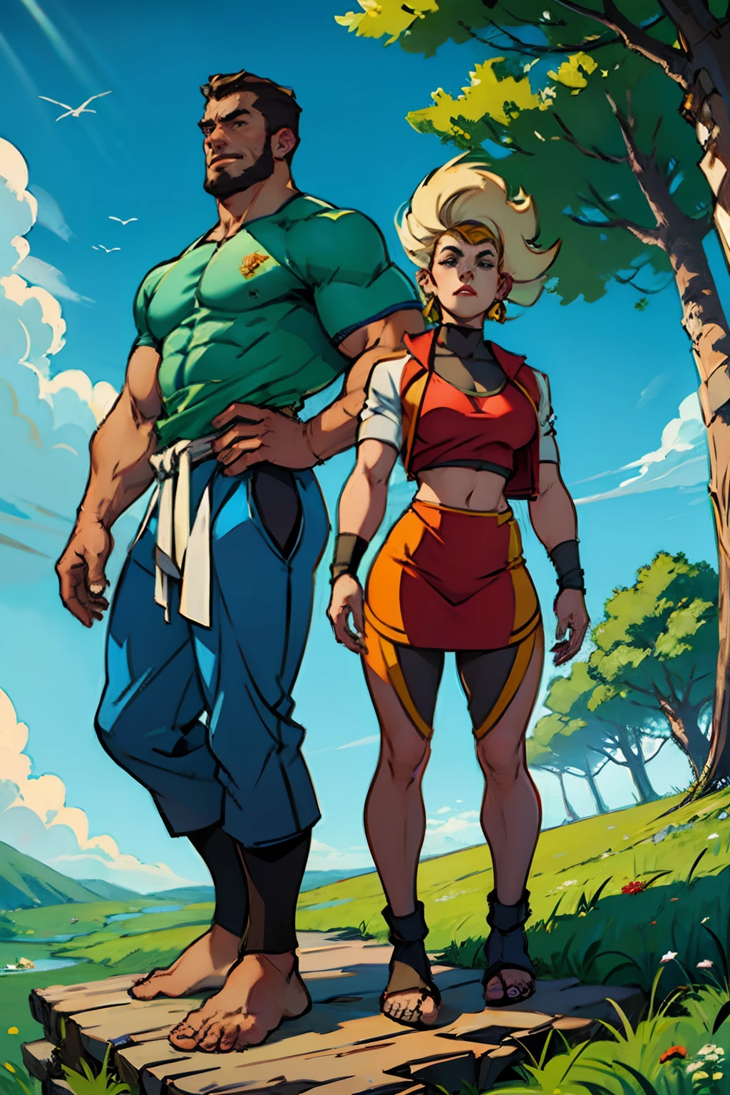 Male  and female bodybuilders, standing on a platform posing, background is grassy hill with a tree, mood is firm commanding, high angle, daytime light, character design.