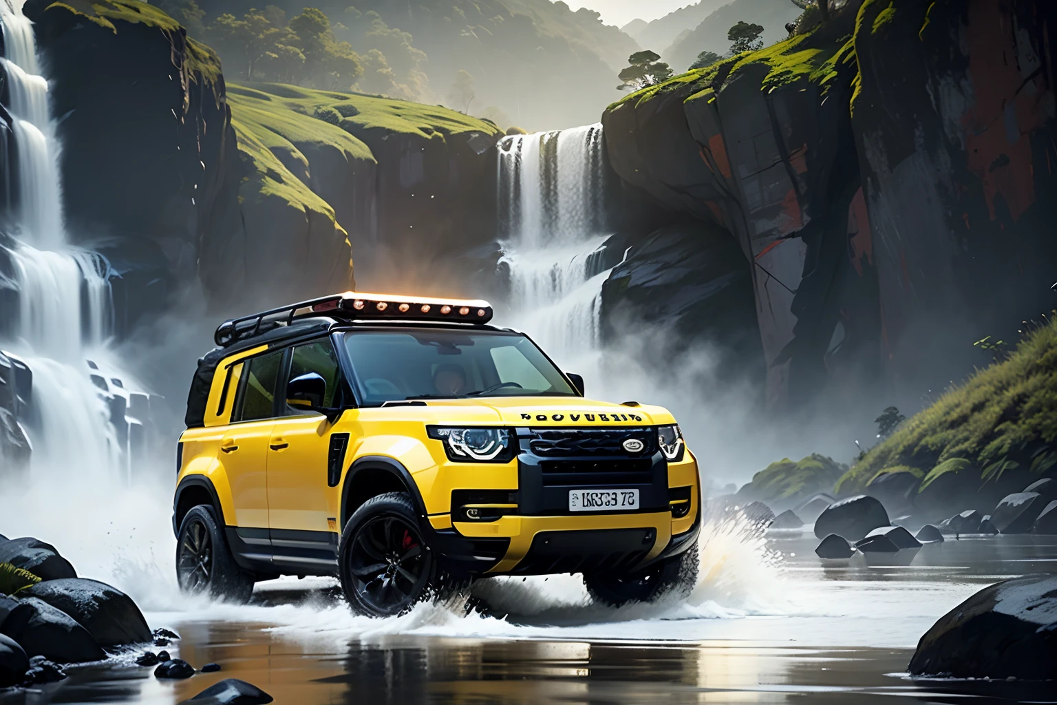 A (Yellow) 2022 Land Rover Defender with red rims, waterfall, Borneo Tropical Forest