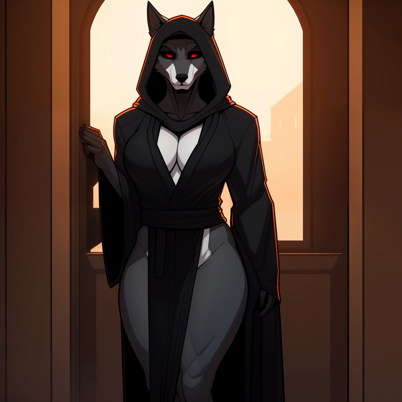 Tall_lanky_muscular_timberwolf wide_hips female dark_gray_furry_body red_iris black_sclera hooded_robes solo Masterpiece best_quality absurdres highly_detailed cleanly_drawn_eyes anthro_only by_claweddrip, by_greasymojo, by_underscore-b, by_runawaystride