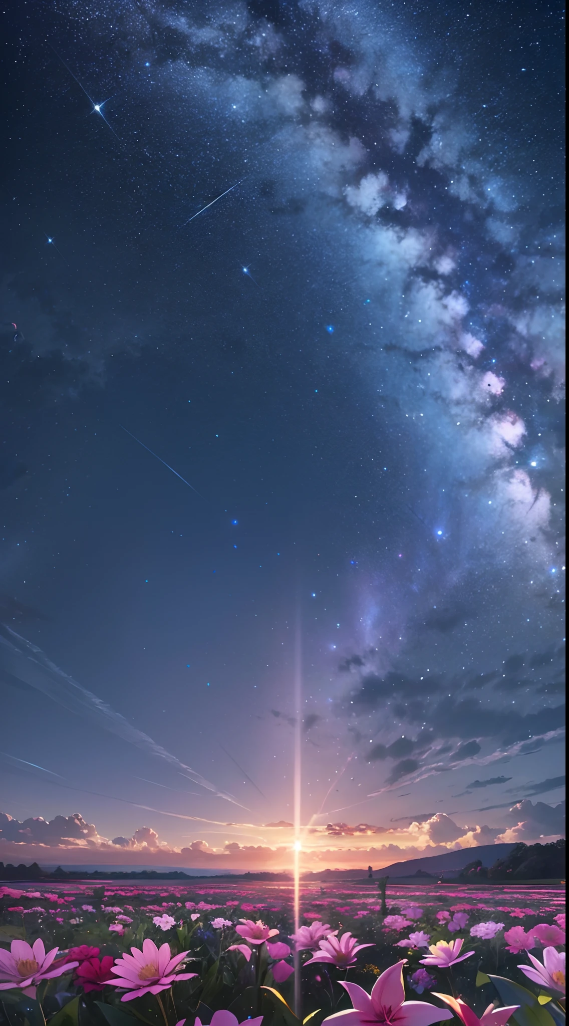 High quality, high detail, brilliant starry sky, flowers of various colors emit dazzling light CG Art 8K