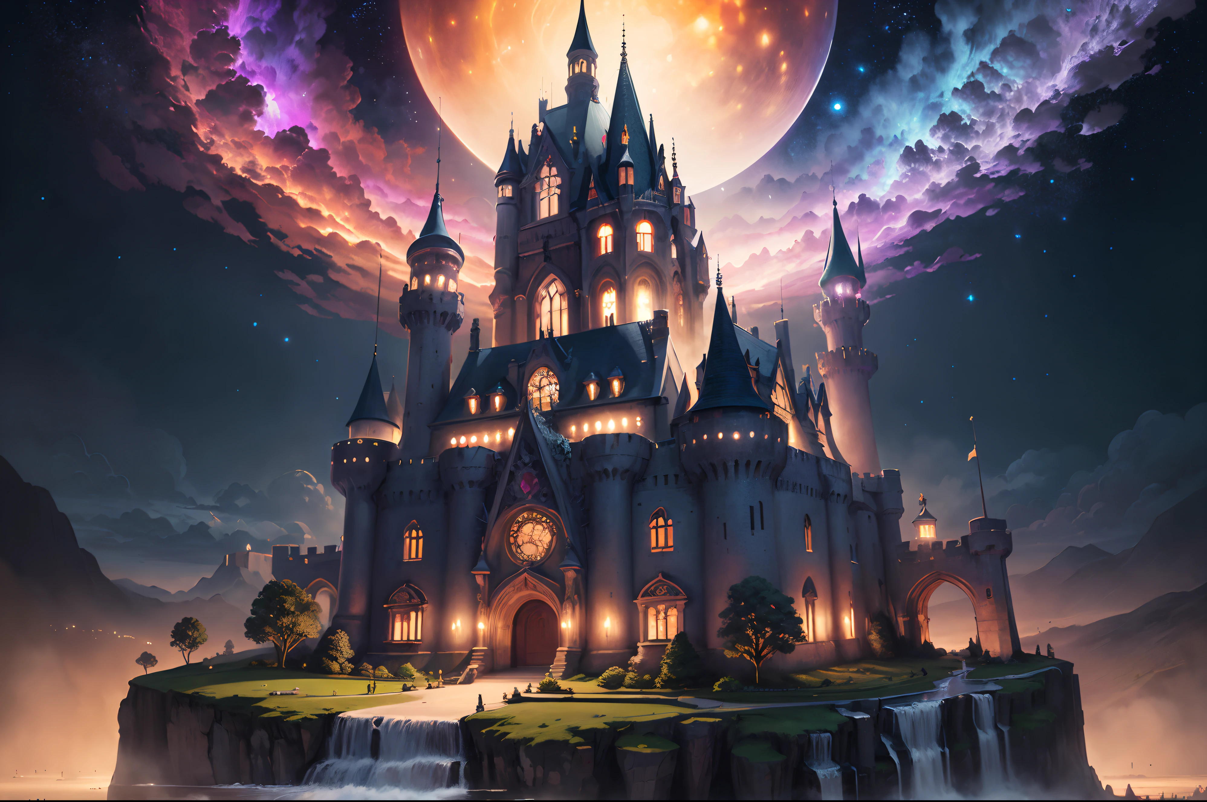 Generate a realistic fantasy landscape with beautiful, ornate romantic buildings, floating islands, crystalline waterfalls streaming from the floating islands, and a dreamy landscape of highly detailed flowers and dreamy watercolors. This is the (((romantic))) realm of the gods. (((The castles look like they are carved from shimmering marble, with distinct and complex details adding to their realism.))) Cotton candy clouds wisp into beautiful glittering stars across the colorful sky, with mesmerizing pink and purple celestial lights creating an enchanting atmosphere. Include many different levels and high visual interest. The environment is large and awe-inspiring, and this is a macro shot. The general ambience is peace, tranquility, and highly detailed sweetness. Include interesting fantasy elements with colors that complement the rest of the landscape. The sky should be very detailed. The landscape should very detailed. All buildings should be ornate with complex and intricate details. Include a luminous and magical atmosphere, magic bubbles, shimmering colors, many small fantasy details including iridescence, expertly created majestic landscapes, and shimmer and glimmer. Include lots of vibrant colors and vaguely surreal details. Camera: Utilize dynamic composition to create interest and excitement. CGI, unreal engine, unity engine, (((masterpiece))), high resolution, 8k, best quality, high quality, highres, 16, RAW, ultra highres, ultra details, finely detail, an extremely delicate and beautiful, extremely detailed, real shadow, anime, highly detailed painted, award-winning glamour painting, wonderful painting, art style, stylized