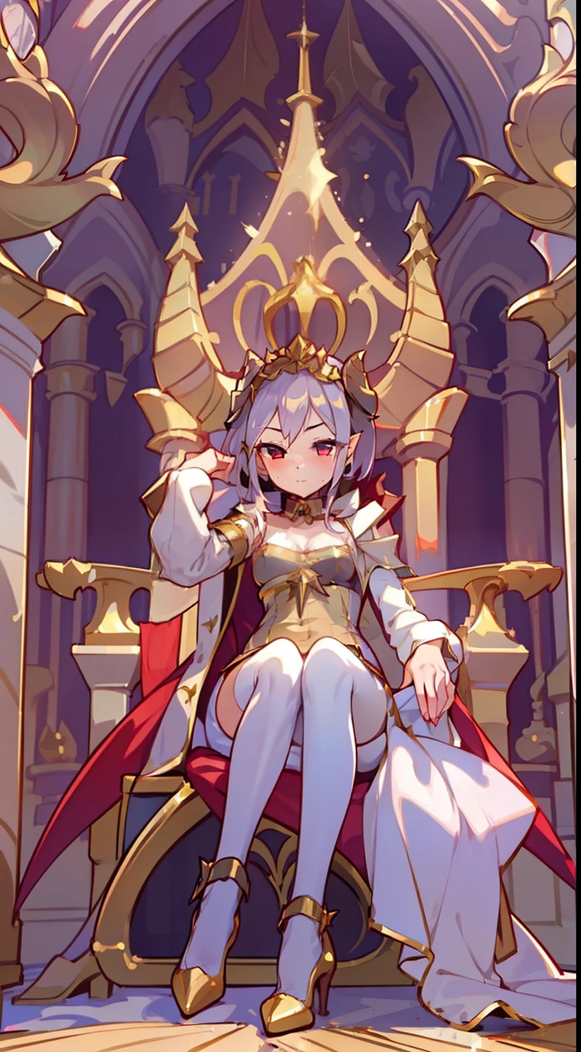 1girl 20 years,solo,serious face,light golden short dress,medium tits,white hair,short hair,red eyes,elves ears,golden horns,white pantyhose,gold high heels,((gold tiara)),Detailed,(long cape),(((sitting on the queen throne of a room inside a castle))),(((Front view)))