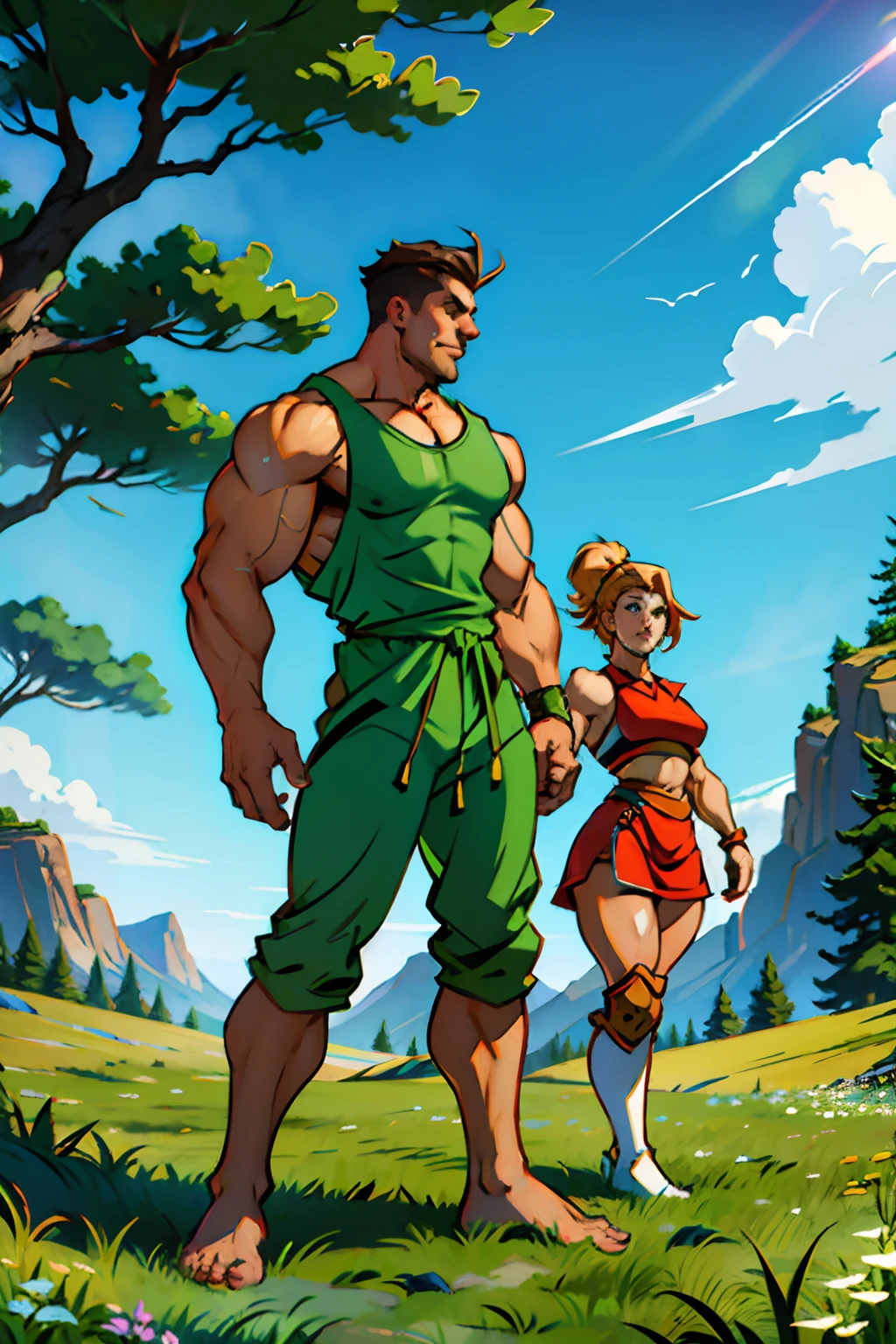 Male and female bodybuilders, standing on a platform posing, flexing muscles, background is grassy hill with a tree, mood is firm commanding, high angle, daytime light, character design.