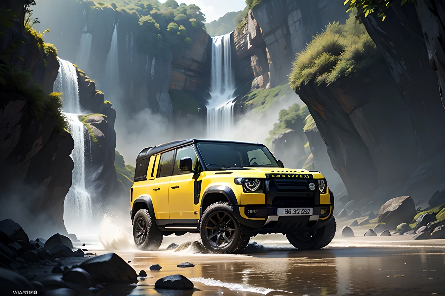 A (Yellow) 2022 Land Rover Defender with red rims, waterfall, Borneo Tropical Forest