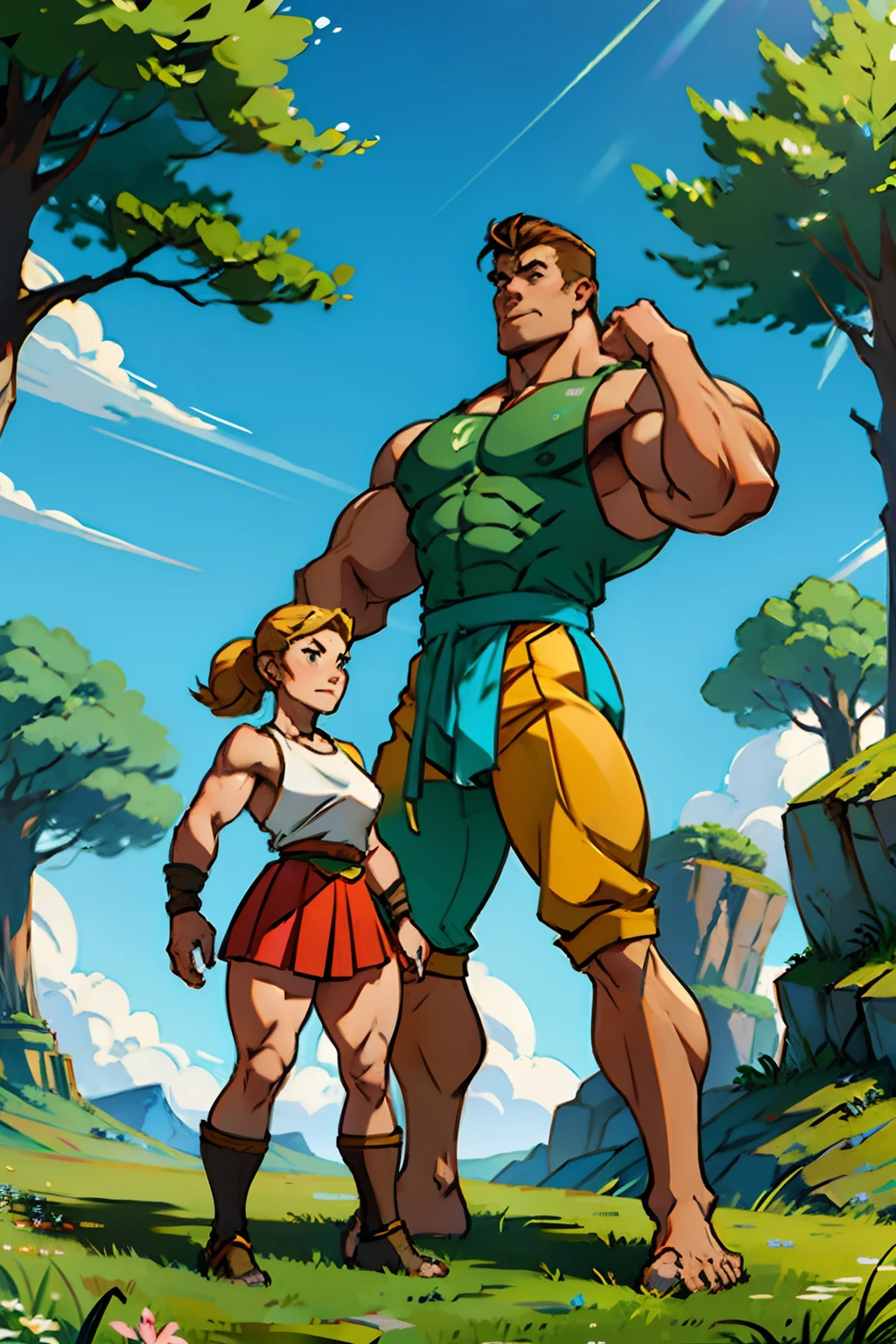 Male  and female bodybuilders, standing on a platform posing, flexing muscles, background is grassy hill with a tree, mood is firm commanding, high angle, daytime light, character design.