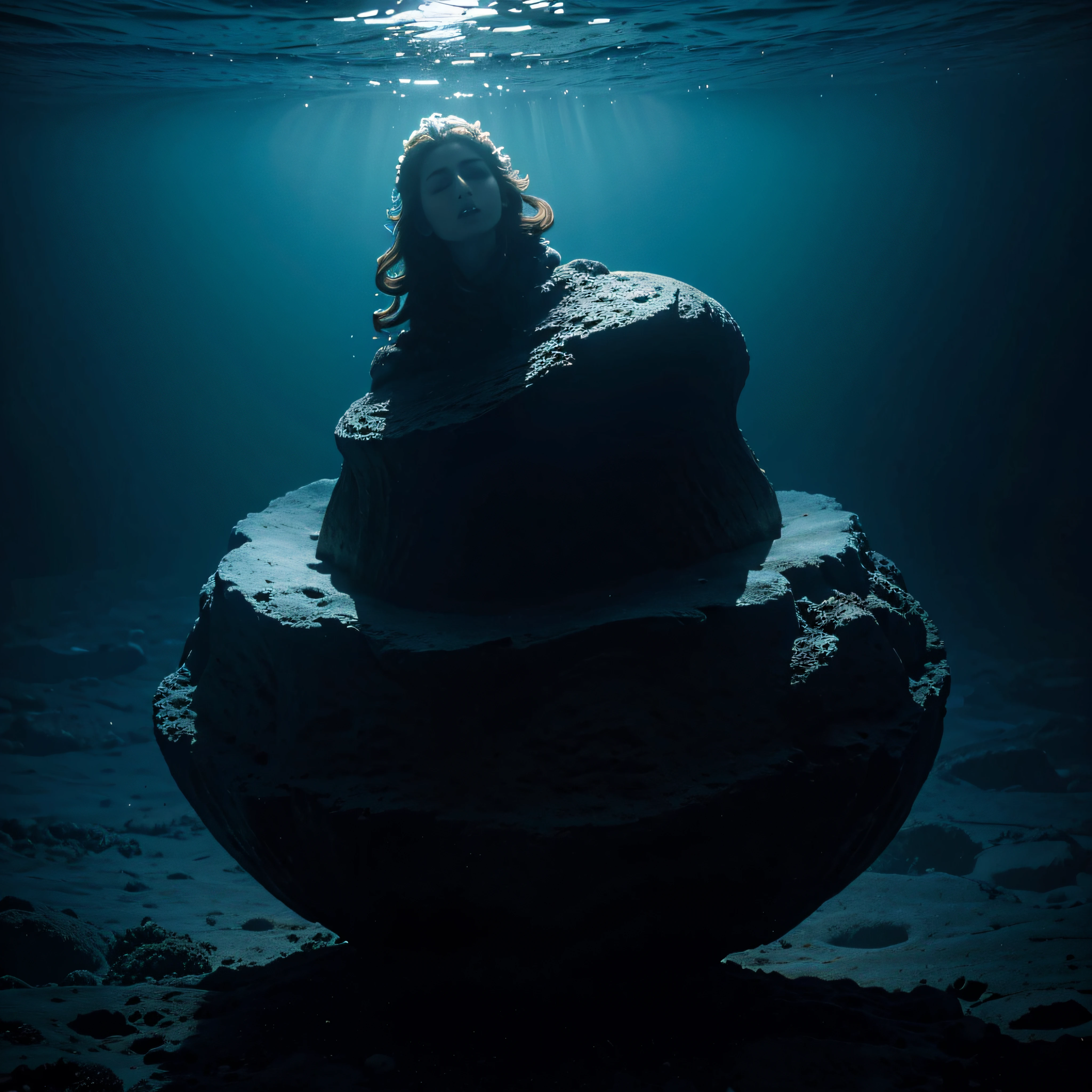 (extremadamente detallado, obra maestra, La mejor calidad, Under the Ocean), Estilo oscuro, volumetric illumination. textura de babosa, piel de caracol. ahogados flotando de fondo. Rococo composition.