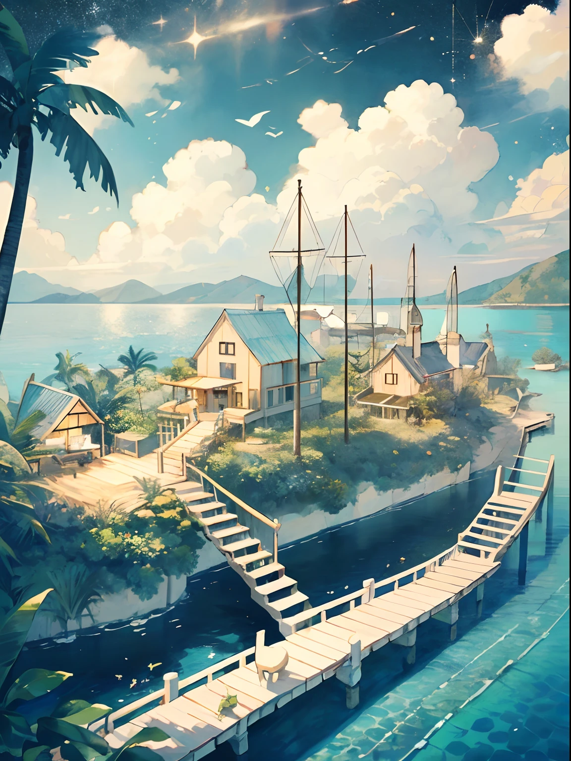 (((masterpiece))),best quality, whitetown, Deserted Island, small island, small house, resort