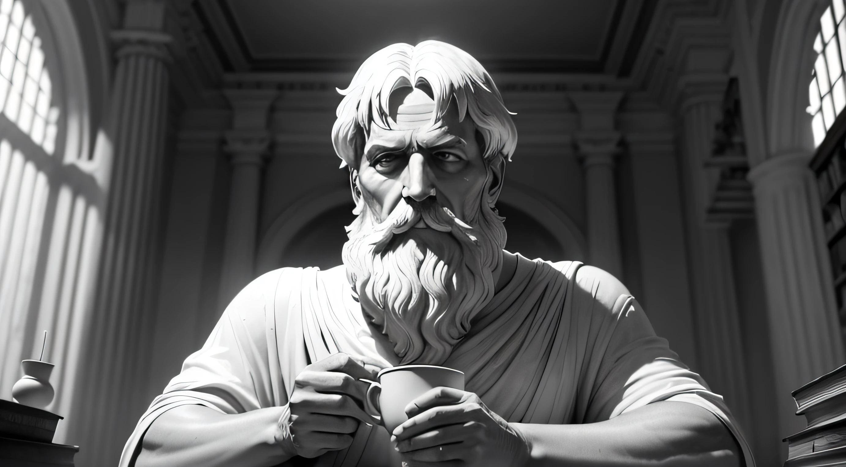 Marble sculpture portrait of philosopher Seneca's face, with a cup of coffee in your hands, in front of a partially destroyed old library. Seneca has wise features and a white beard, vestindo um terno simples. The sculpture is illuminated by rays of light that create a stark contrast to the shadows of the ruined library in the background. The scene conveys the magnitude and timelessness of Seneca's studies of Stoicism. The image has epic cinematography and lighting in monochromatic tones, como uma fotografia profissional em preto e branco."