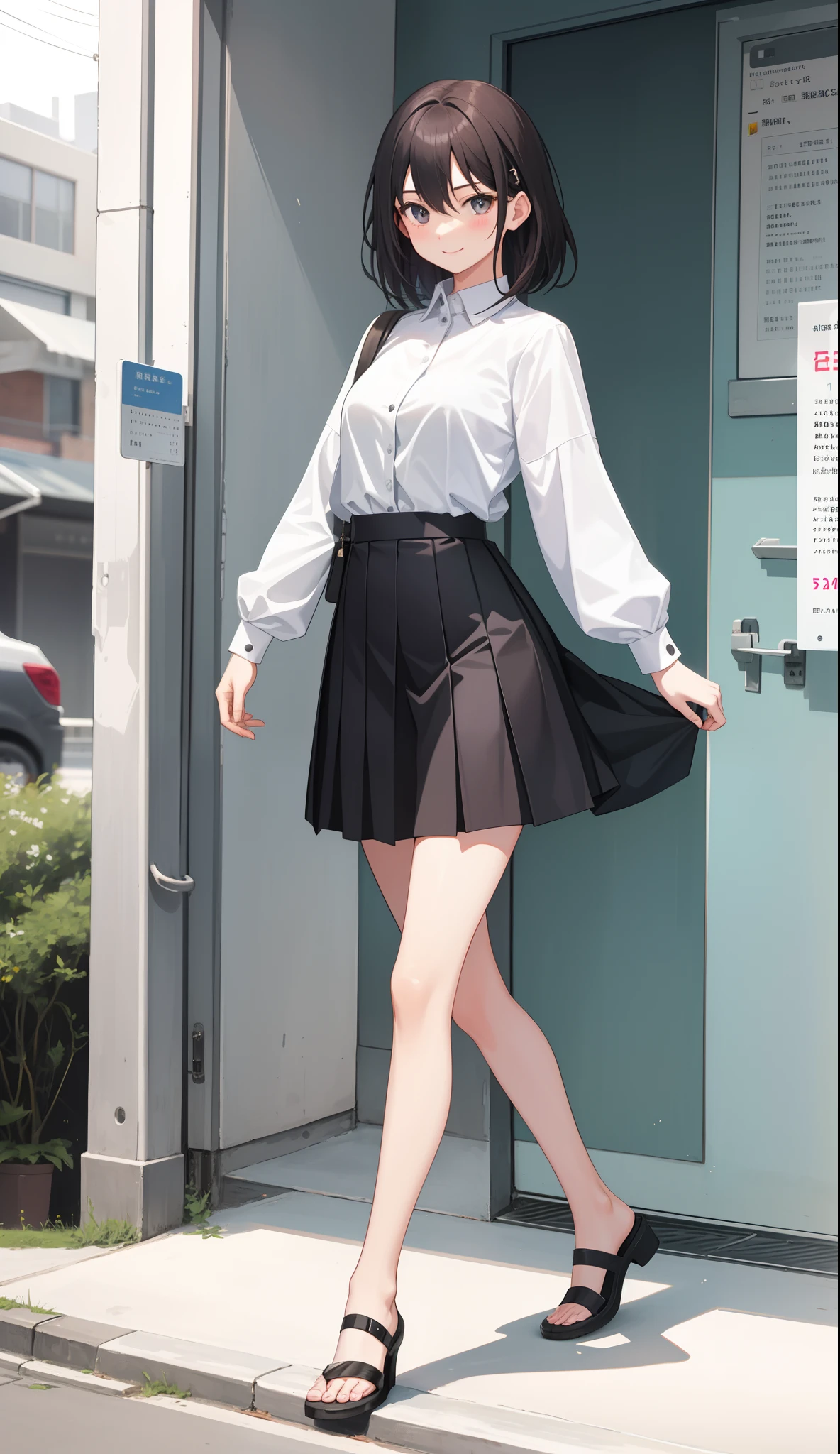a young short girl, who had been made the class president due to her good grades, but wasn't sociable and couldn't bring the class together due to her timidity. and since she was too earnest, she couldn't abandon the duty that had been pushed onto her, and was always doing her best with a smile. short hair, wearing glasses, shirt slim legs, naked exposed undressed small flat breasts, black hair, lowcut sneakers, school skirt