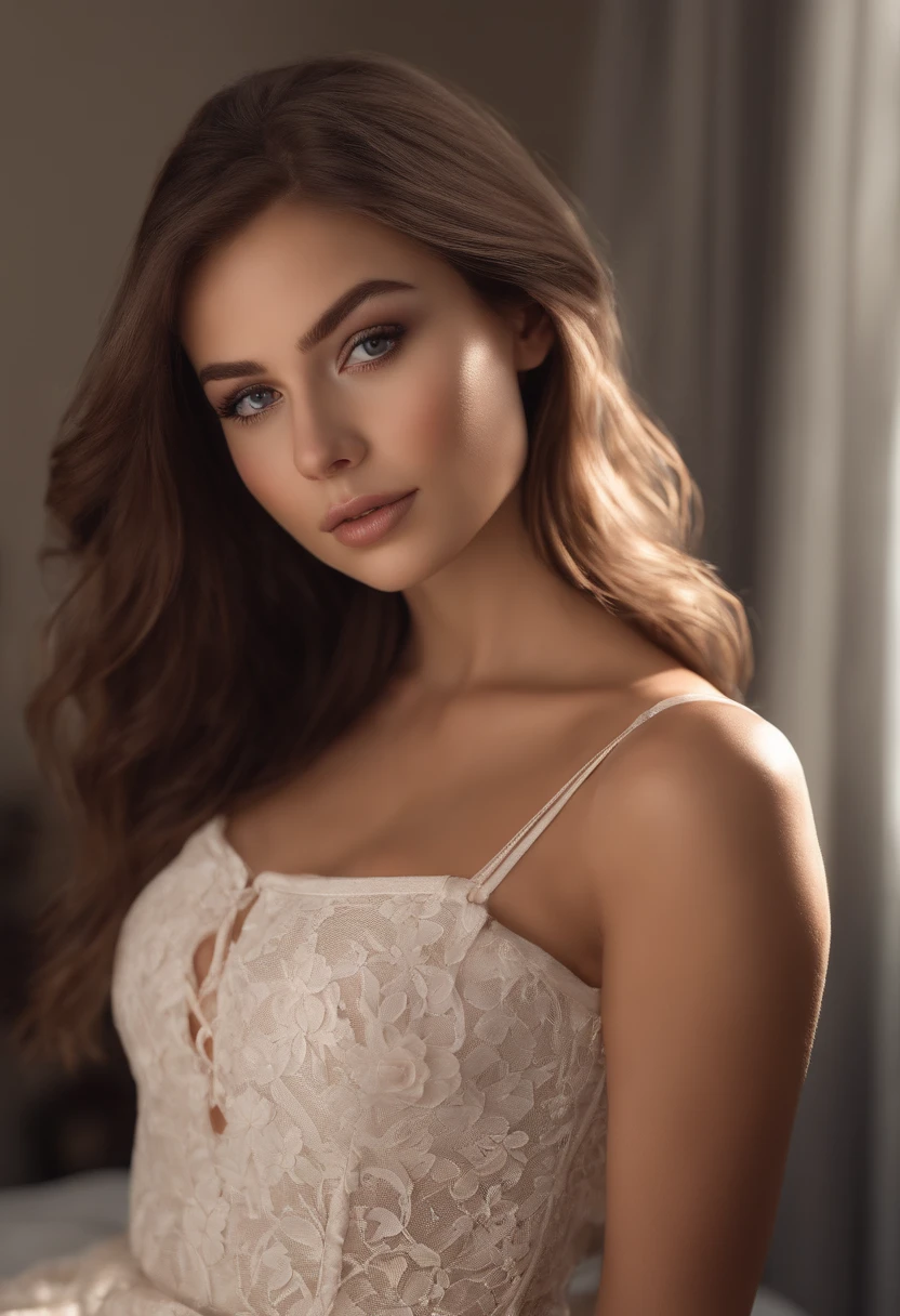 Femme complètement , fille sexy aux yeux bruns, ultra réaliste, Méticuleusement détaillé,tenu sexy, cheveux bruns et grands yeux, Selfie d’une jeune femme,es, sexy, sans maquillage, maquillage naturel, Regarder directement la caméra, Visage avec Artgram, Maquillage subtil, Superbe photo du corps entier agenouillée sur le lit, dans la chambre, Buste de taille moyenne à grande de face