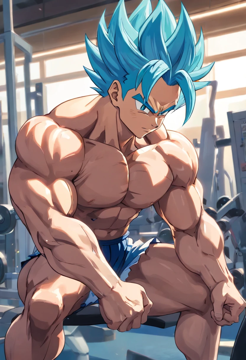 A detailed drawing of an extremely muscular Vegeta flexing his large glute muscles intensely while flossing in a bodybuilding gym, musculoso!!, large exaggerated muscles, pose de bolo de carne, massive muscles,large flexed buttocks, bochechas grandes e apertadas, a biceps is flexed