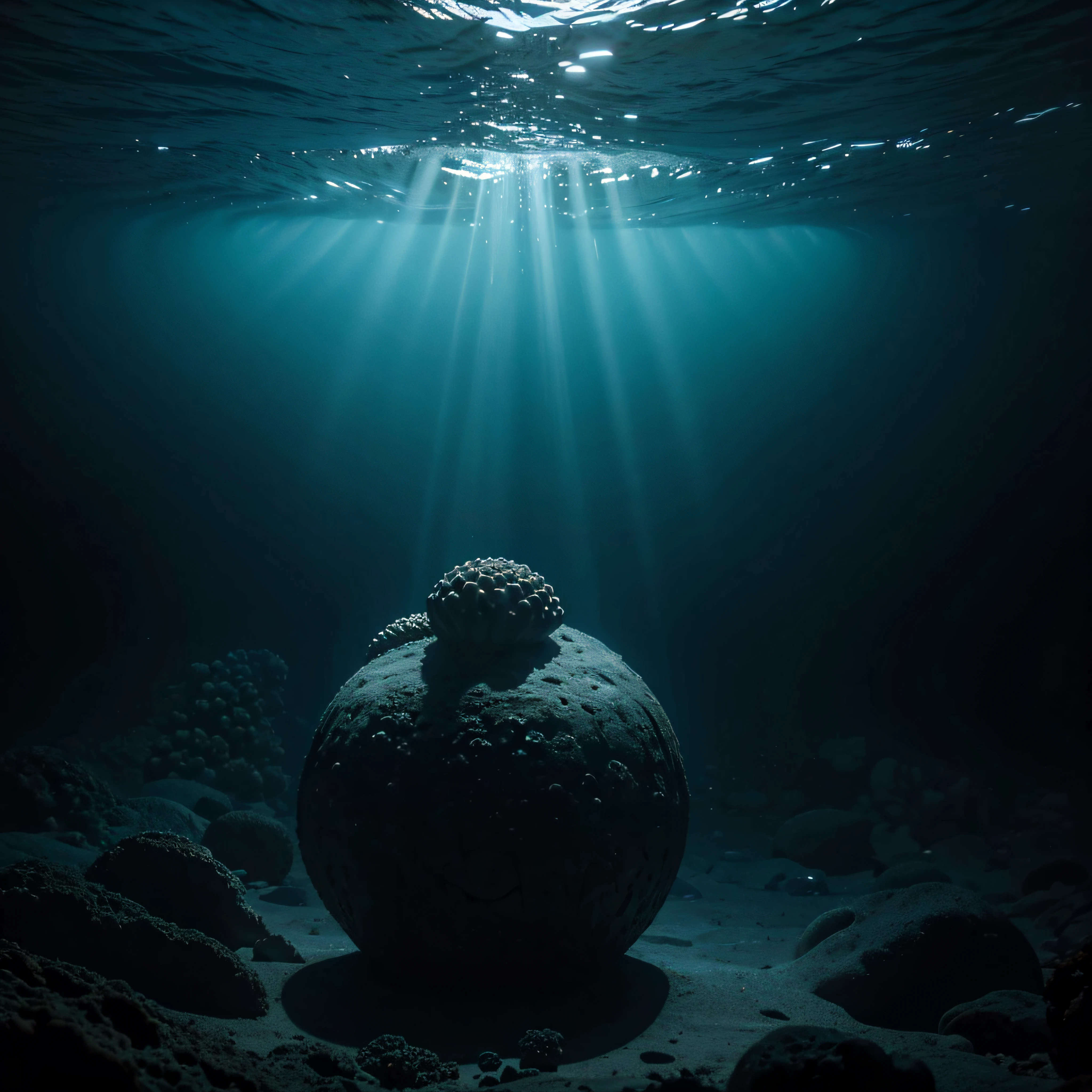 (extremadamente detallado, obra maestra, La mejor calidad, Under the Ocean), Estilo oscuro, volumetric illumination. textura de babosa, piel de caracol. ahogados flotando de fondo. Rococo composition.