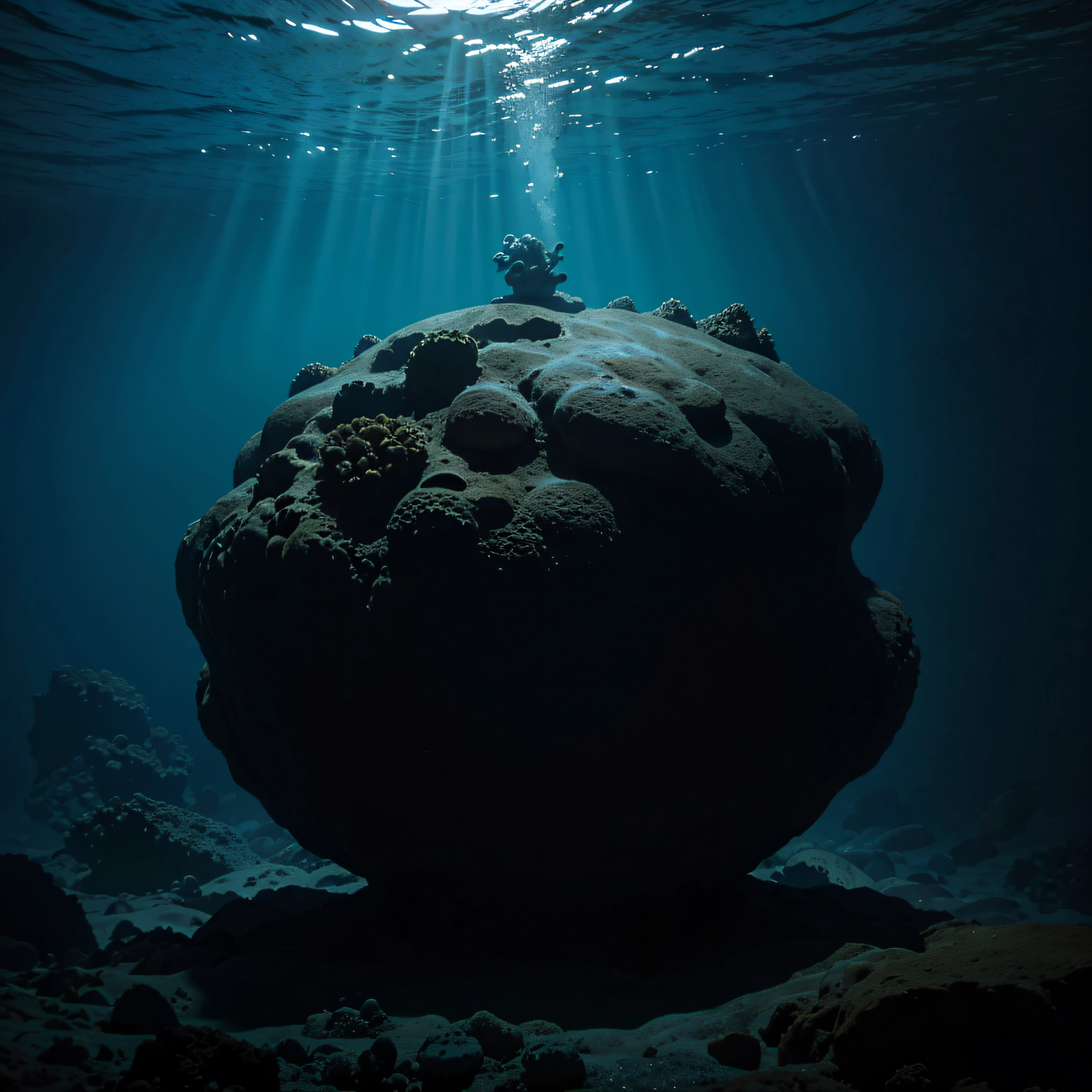 (extremadamente detallado, obra maestra, La mejor calidad, Under the Ocean), Estilo oscuro, volumetric illumination. textura de babosa, piel de caracol. ahogados flotando de fondo. Rococo composition.