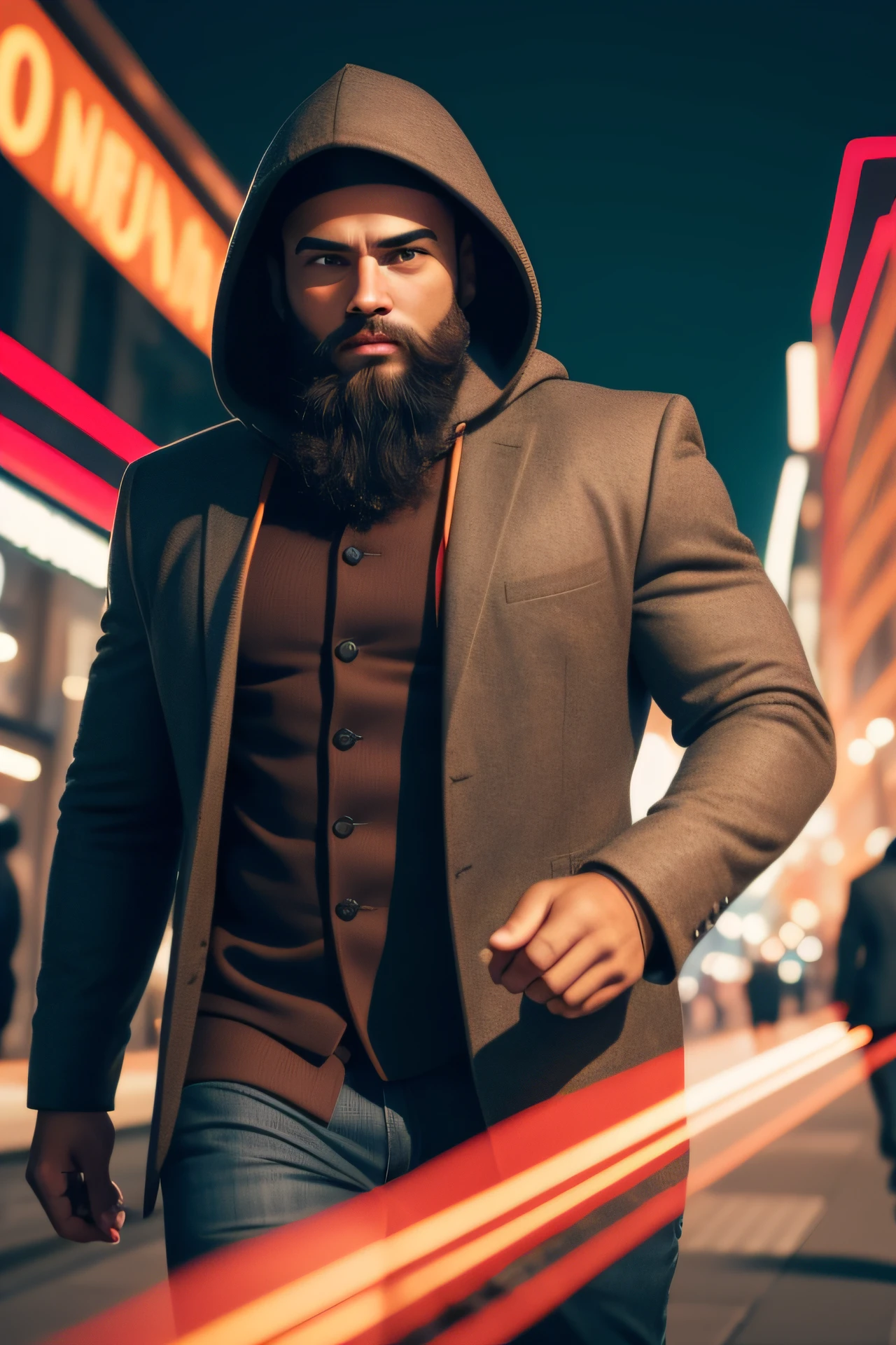 a gentleman with a face of confidence, wisdom, with the appearance of a wise man, in the background another person running, with a hood, with muscles, humble, cut hair, big beard, motivating look, colorful image, in the background several people in movement, people working in the motion shaped background
