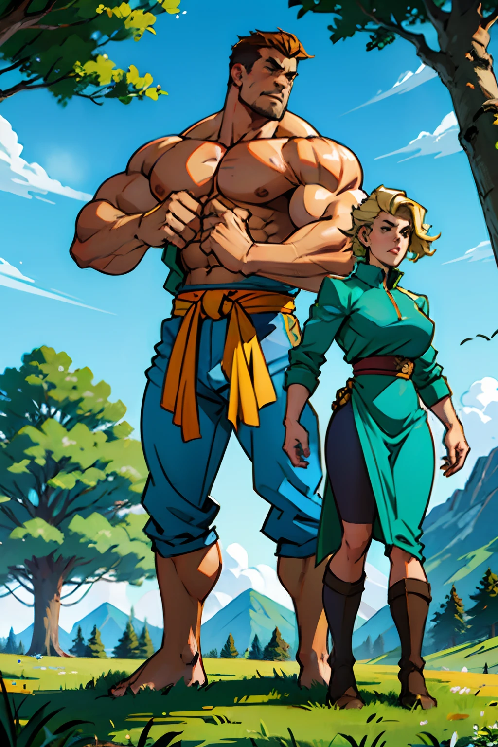 A muscular man and woman, standing on a platform, flexing their muscles, background is grassy hill with a tree, mood is firm commanding, high angle, daytime light, character design.