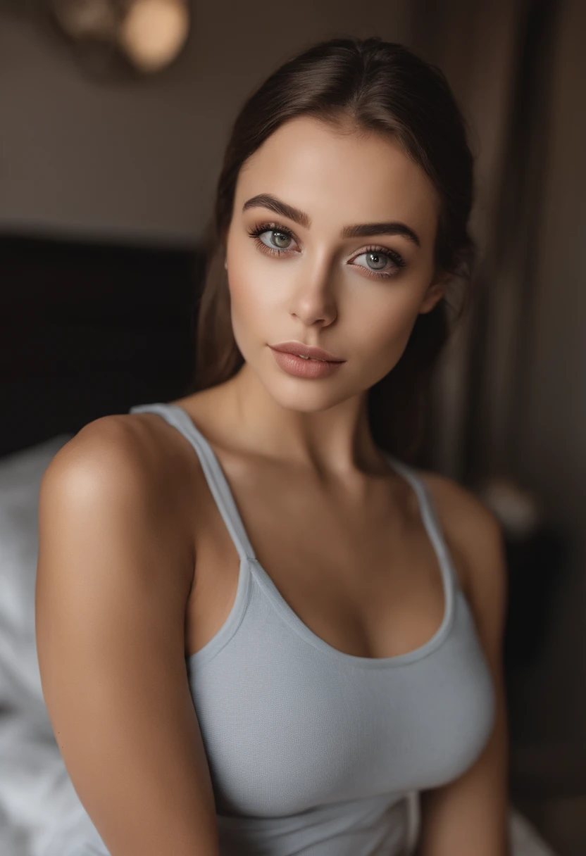 arafed woman with matching tank top and panties, sexy girl with brown eyes, portrait sophie mudd, brown hair and large eyes, selfie of a young woman, bedroom eyes, violet myers, without makeup, natural makeup, looking directly at the camera, face with artgram, subtle makeup, stunning full body shot, in bedroom, cleavage
