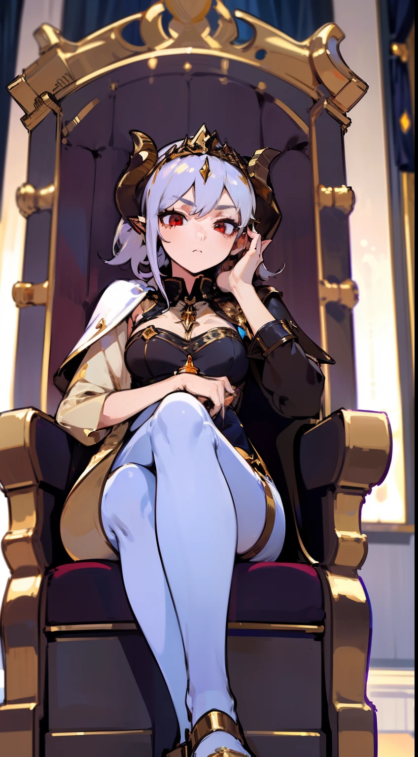 1girl 20 years,solo,serious face,light golden short dress,medium tits,white hair,short hair,red eyes,elves ears,golden horns,white pantyhose,gold high heels,((gold tiara)),down-up view,Detailed,(long cape),(((sitting on the great throne of a room inside a castle))),(((Front view)))