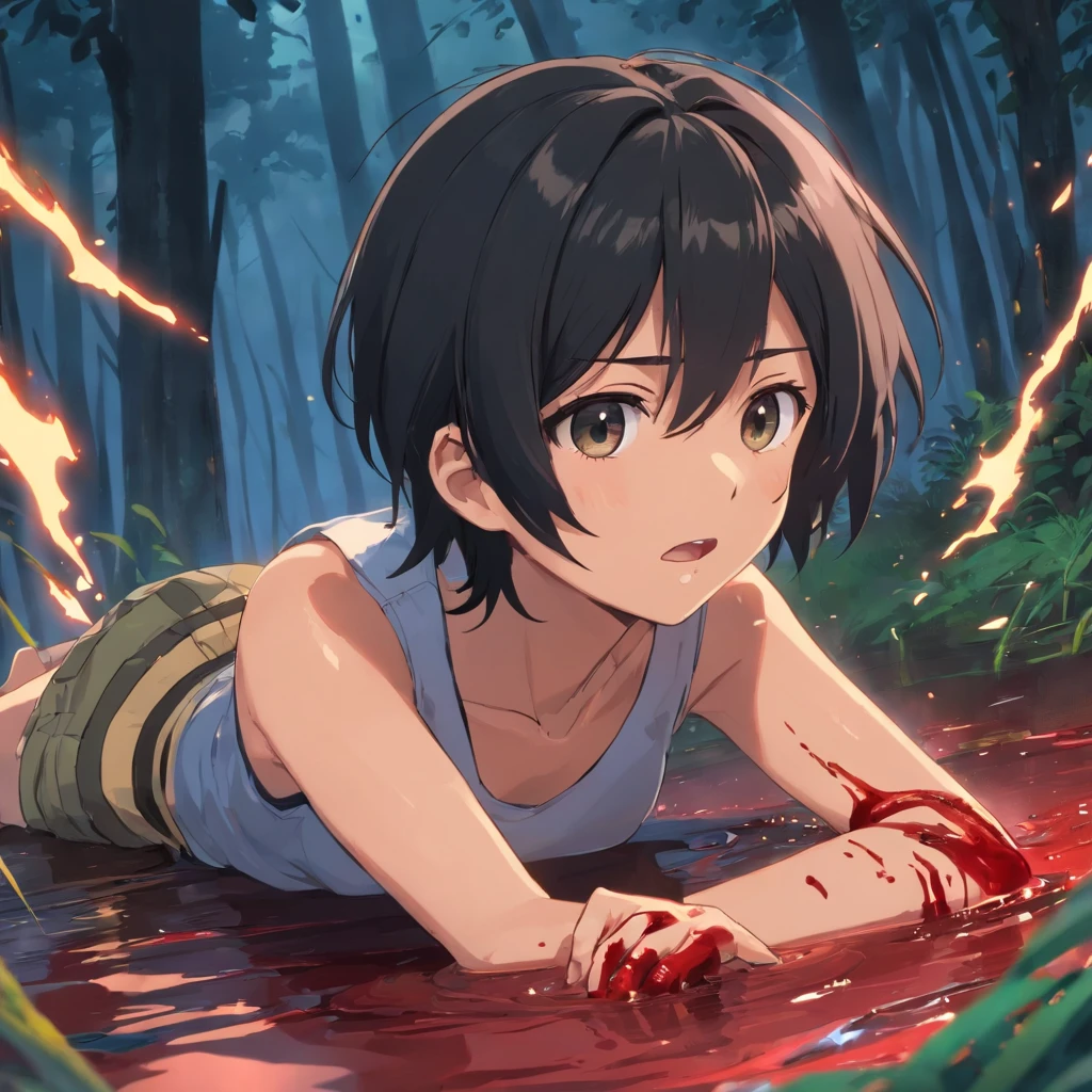 Boy with black hair clinging to his stomach, Looking at the camera in surprise, La sangre rezuma de debajo de sus manos, arrodillado, La sangre sale de la boca, Sorpresa y dolor, is looking at the camera, Tank top and latex shorts, herida de bala en el abdomen, Blood gushes from his mouth and wounds in his stomach, Joven asesina muere de rodillas, gloomy atmosphere, crueldad, Sangres, Snuff Video, salpicaduras de sangre de la boca, sorpresa y dolor en la cara en un bosque