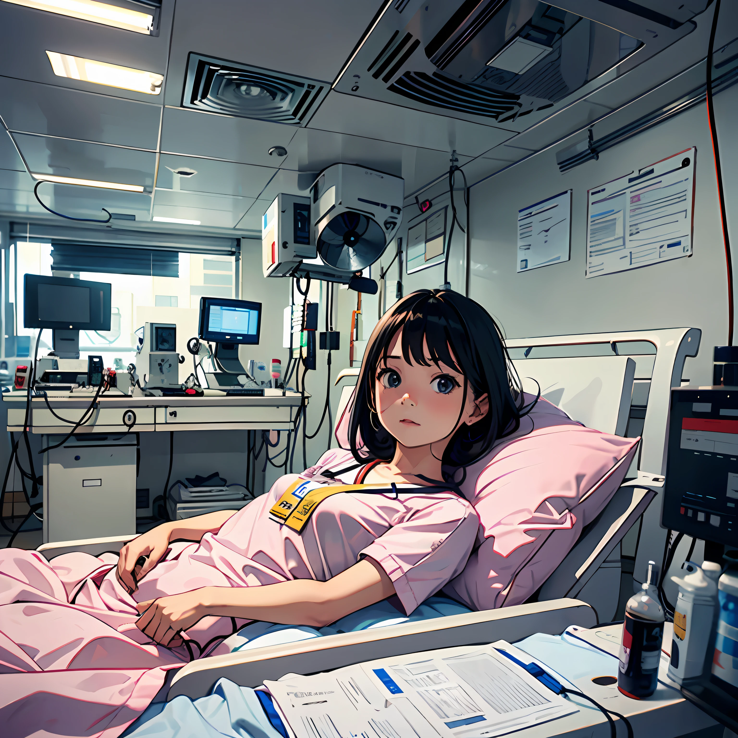 State-of-the-art operating room,A girl,Lying in a hospital bed,Many nurses,Many doctors
