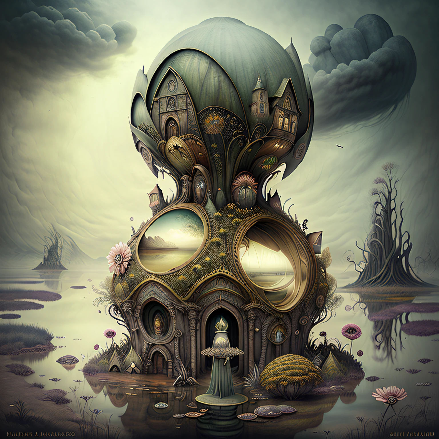 there is a very strange looking flower in the middle of a swamp, surreal and fantasy art, dark surreal art, surreal dark fantasy, surreal dark art, surreal concept art, surrealistic digital artwork, tomasz alen kopera and cgsociety, 4 k surrealism, dan mcpharlin : : ornate, inspired by tomasz alen kopera