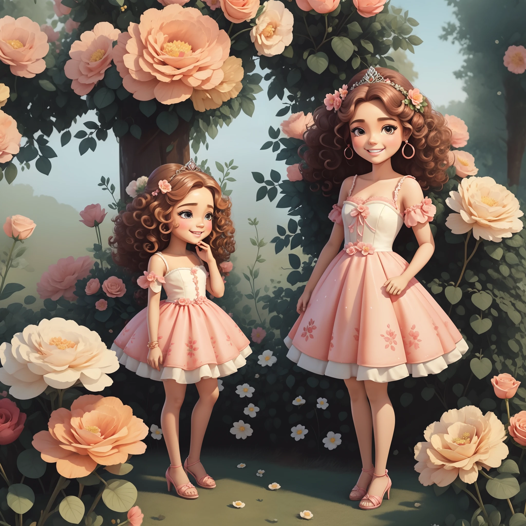 Gerar a imagem de uma princesa fofa loira Barbie de corpo inteiro, curly hair standing full body, Ansioso, segurando flores em aquarela, sorridente; vestido vermelho floral com babado de rosas, alta qualidade, com um fundo png, 16k, sharped image.