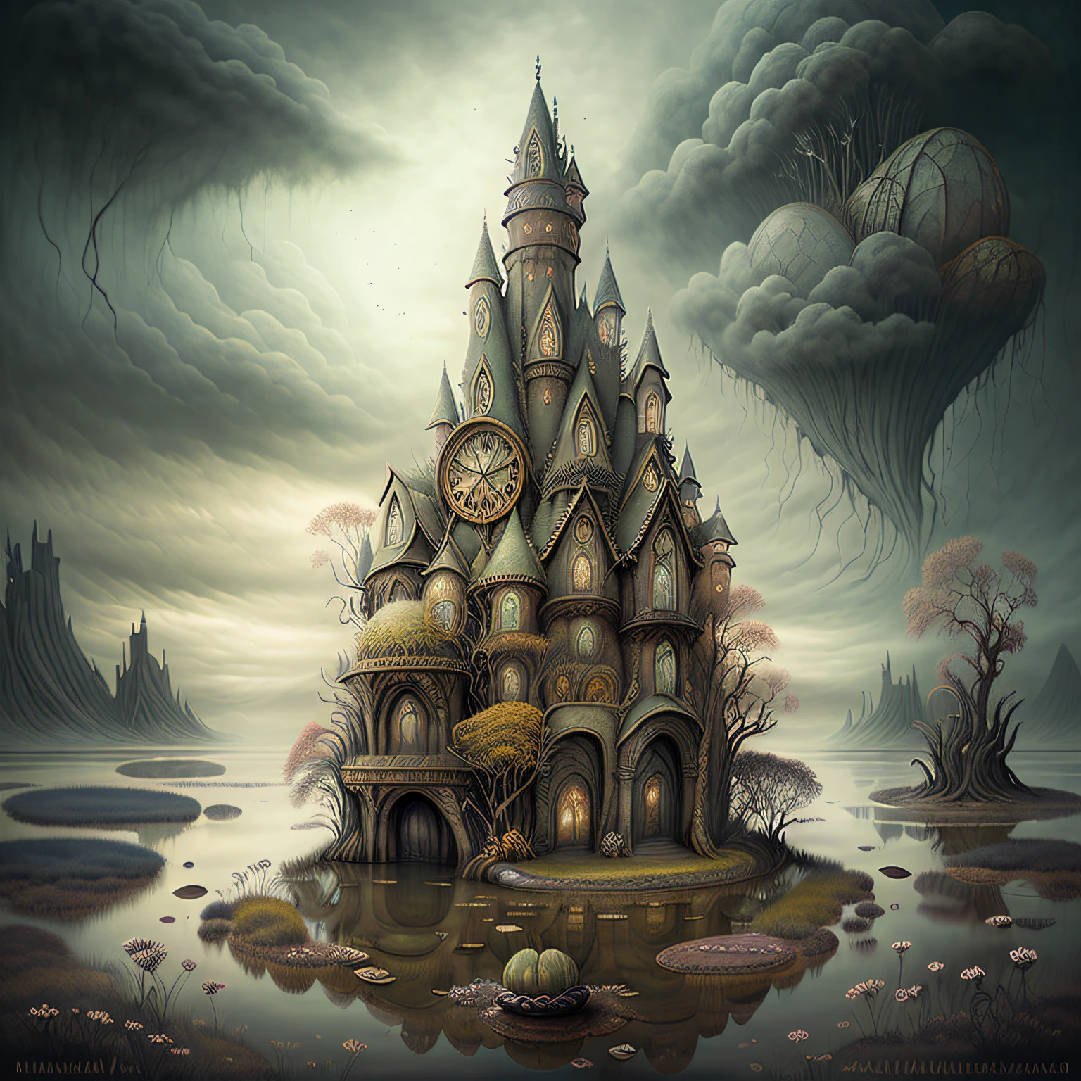 there is a very strange looking flower in the middle of a swamp, surreal and fantasy art, dark surreal art, surreal dark fantasy, surreal dark art, surreal concept art, surrealistic digital artwork, tomasz alen kopera and cgsociety, 4 k surrealism, dan mcpharlin : : ornate, inspired by tomasz alen kopera