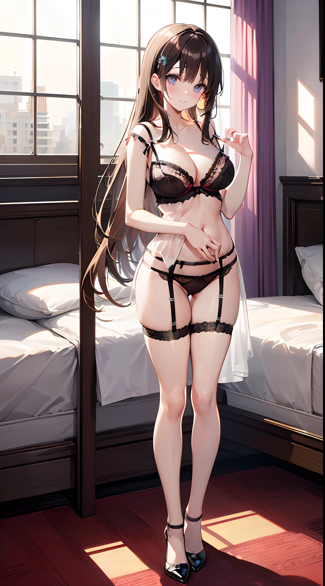 ((masterpiece)), ((best quality)), (ultra-detailed), ((kawaii)), cute, (lovely), ((sexy)), (ero), ((extremely detailed)), 4K, (8K), best quality, (beautiful), anime style, in the middle, full body focus, ((standing near the window)), ((in the hotel)), luxury bed, morning, a cute girl, 1girl, solo, (((lingerie :1.4))), (((underwear))), beautiful dark brown hair, beautiful purple eyes, ((beautiful eyes with highlights:1.4)), white-skinned, long hair, transparent hair, translucent hair, large breast, garter belt, glasses, light smile, blush, lens flare, wind effect, shiny-glistening, gleaming, reflection effect