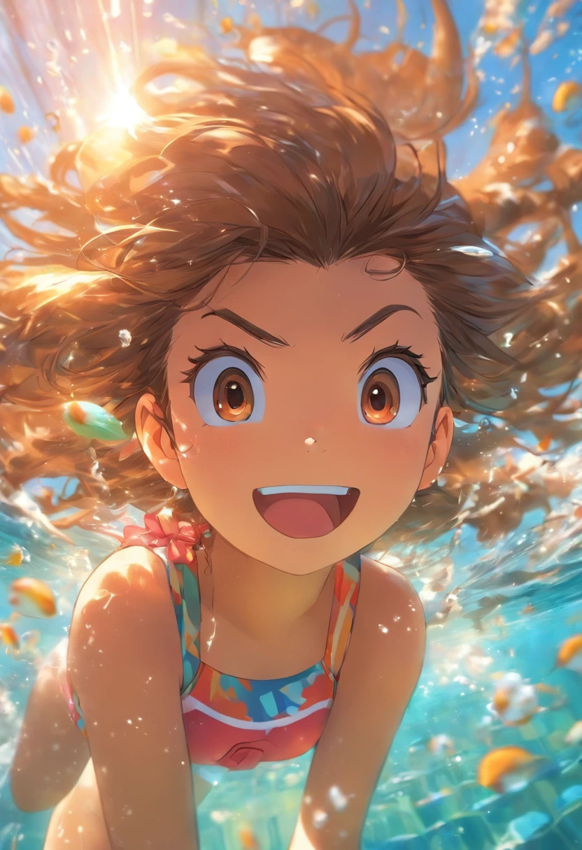 foreshortening, depth of field, masterpiece, best quality, 1girl, brown hair, brown eyes, long hair, underwater, air bubble, solo, looking at viewer, school swimsuit, swimming, dappled sunlight,