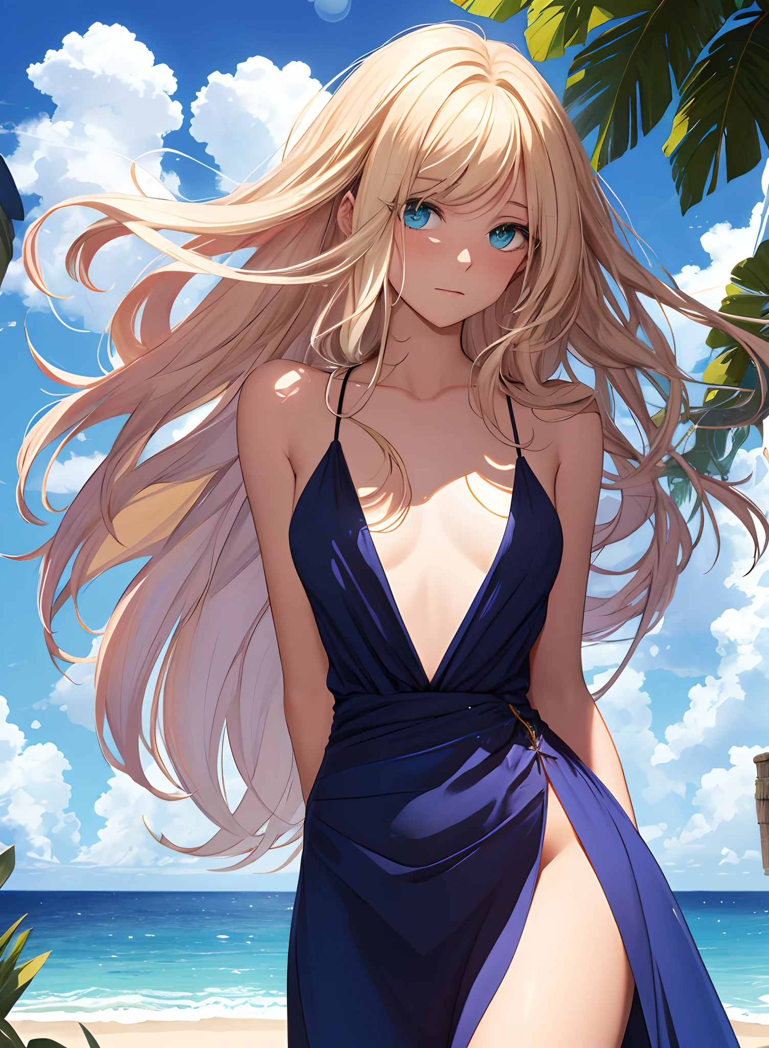 fantaisie, (Haut du corps:1.2), (from below:1.3), 191971 robe, robe sans dos, (robe longue:1.2), very long hair, poitrine, bare shoulders, ciel, ocean, Eau, Regarder le spectateur, Italien, head tilt, vent, nuage, sun light, outdoor, 1fille, seulement, CASSER,