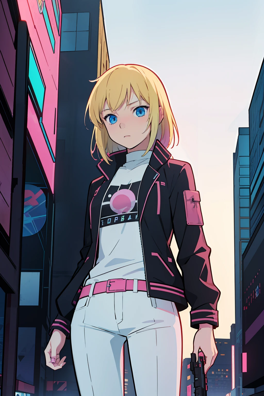 solo, 1girl, (masterpiece), ((16 year old appearance)), Blonde hair, Medium hair, blue eyes, anime girl,  small breasts,black jacket with pink details and white shirt, white pants, cyberpunk city, nigth,