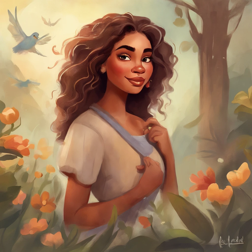 Cartoon style, disney, perfect face, full body, whole body, CHUBBY, Vintage watercolor pixar style, beautiful woman with brown curly long hair, dark tan skin tone, happy face, head up, closed eyes , wind in hair, arms raised, a simple minimal art with soft colors, using Boho style, tale of fairy, realistic and detailed hair, not laminated, Disney movie m close-up of a cartoon character, cute detailed digital art, digital painting, girl portrait, high quality 8k detailed art, loish and wlop, Guweiz style art , cartoon digital painting art, cute digital art, detailed digital painting,