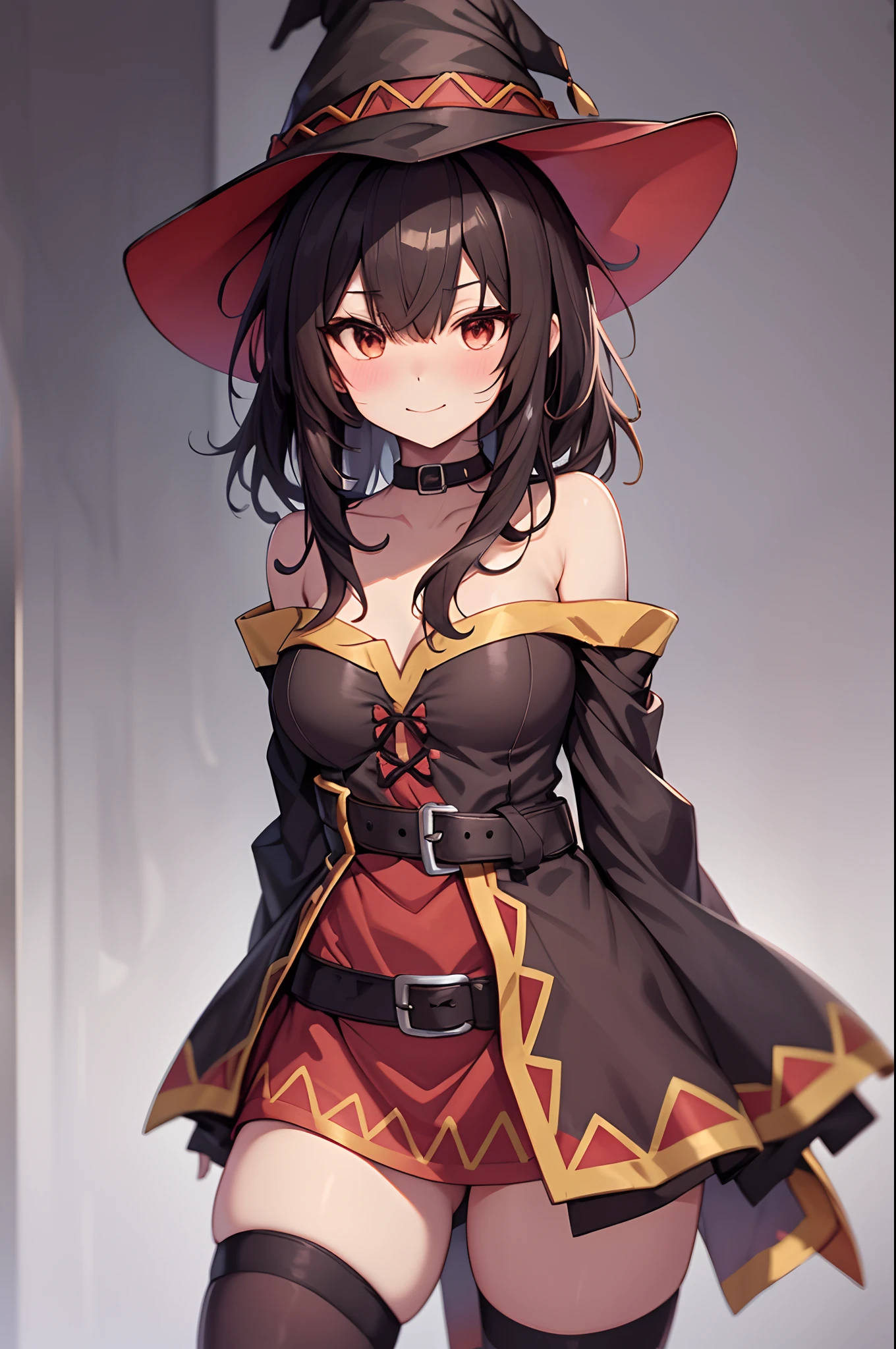 megumin, Assistant fou, 1 fille, seulement, witch hat, cheveux bruns, Cheveux longs et courts, yeux rouges, rougir, sourire diabolique, Choker noir, Clavicule, poitrine plate, dress with shoulders removed, Robe rouge, Manteau brun, manches longues, Gants noirs, Gants sans doigts, ceinture marron, gold trim, (Asymmetrical legs: 1.4), Unmatched leg clothing, (Bandaged legs: 1.3), cuisses noires, (arms behind the back: 1.3), sinple background, High quality, High resolution.