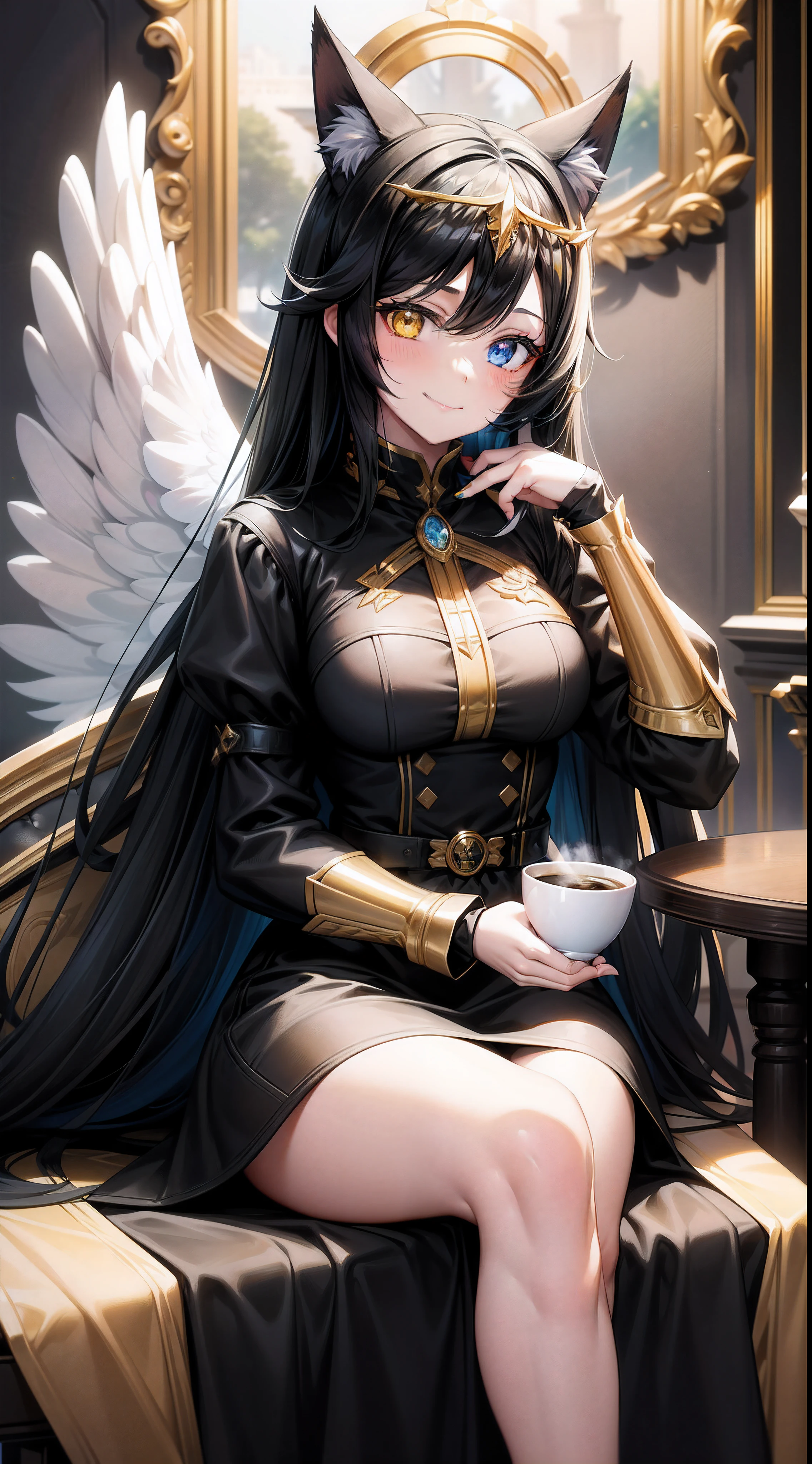 beautiful girl, with long black hair, heterochromia in her eyes (blue/yellow), sweet smile, very happy appearance, she is sitting in a chair, with a cup of coffee in her hand, black dress, looking forward, with angel wings black and gold and a cat ear tiara, and in the background it appears to be inside a white and gold castle,