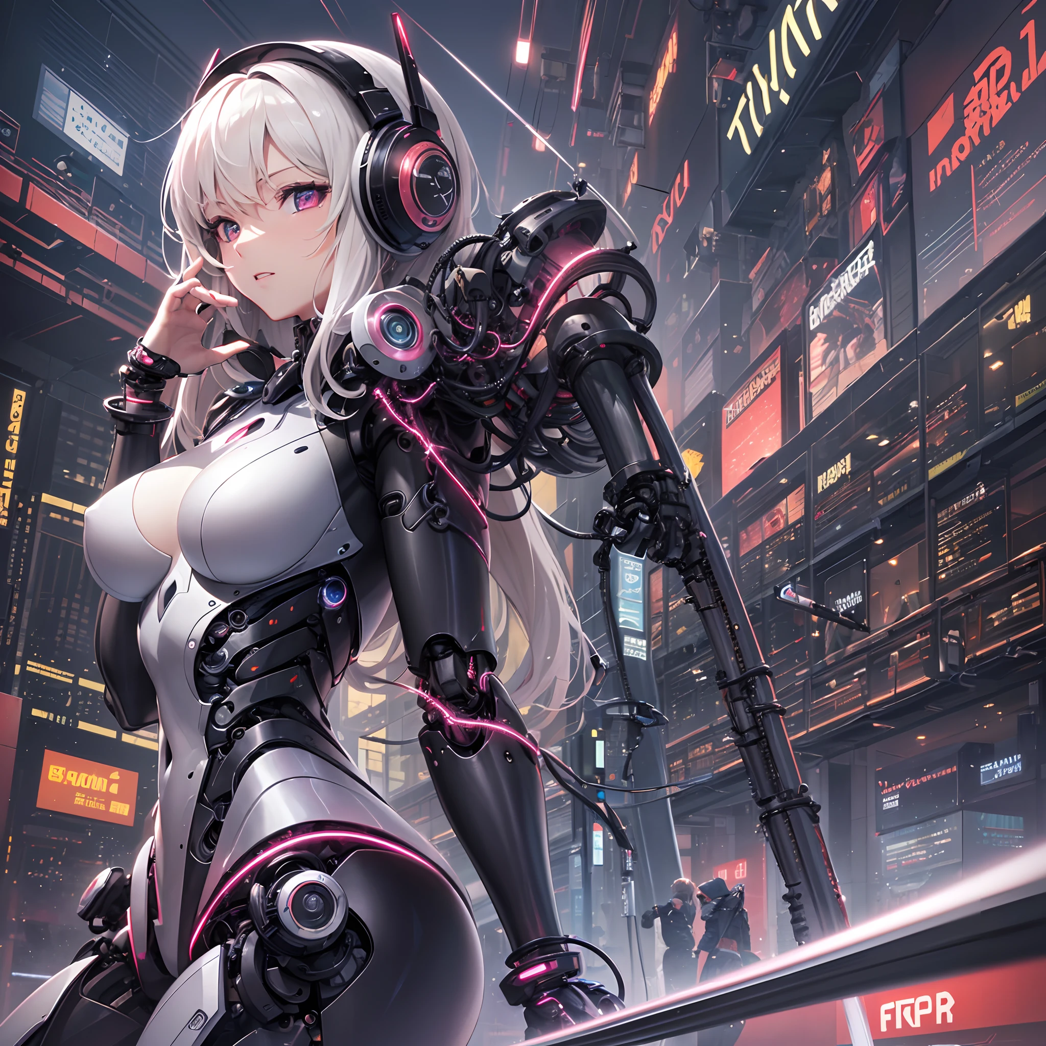 wearing futuristic clothing、Anime girl wearing cat ears and headphones, Cute robot girl, digital cyberpunk anime art, cyberpunk anime girls mecha, female cyberpunk anime girl, cyberpunk anime girl, Beautiful robot girl, perfect android girl, anime cyberpunk art, portrait anime space cadet girl, Fantastic cyberpunk girl, digitl cyberpunk - anime art, Mecha network armor girl, Cyberpunk beautiful girl