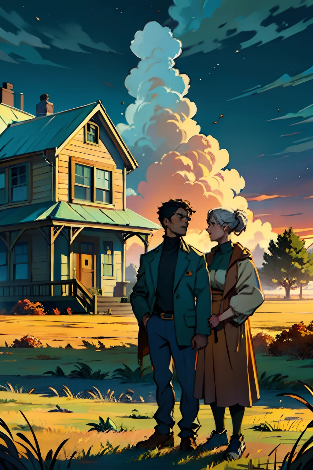 A man and woman standing in front of an abandoned house, background is open field, mood is destructive, sad, dejected, autumn, evening light, dark sky with clouds, character design.