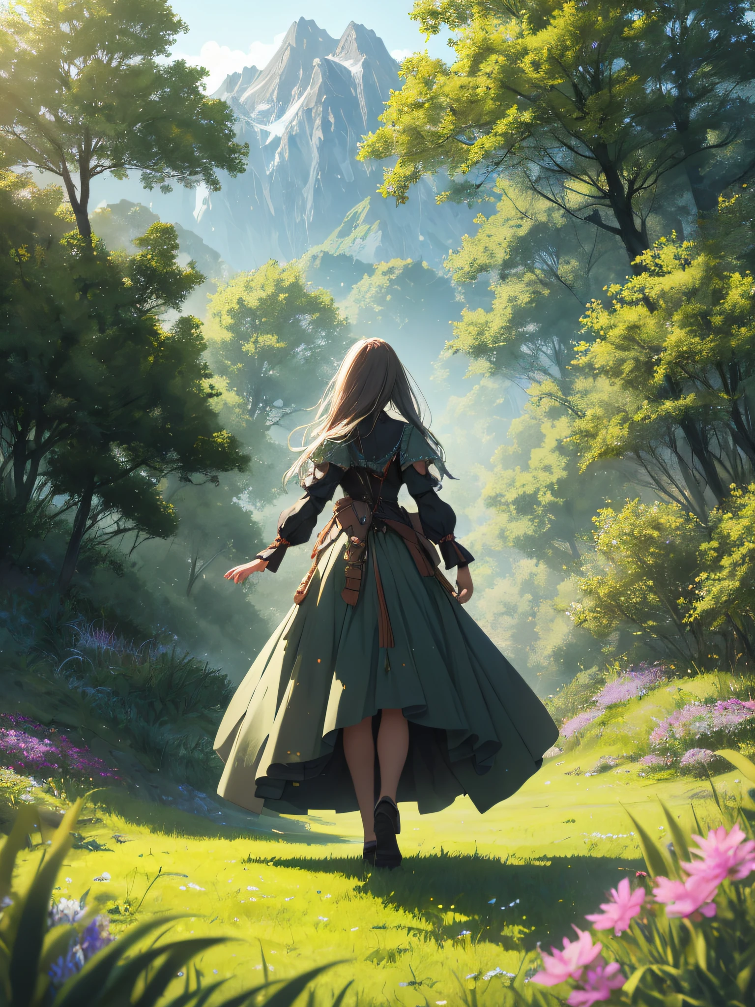 In a green meadow stands a girl leading a group of knights.
BREAK
With a brave expression, she guides them towards their destination.
BREAK
Behind her, a green forest stretches out and beyond that, mountains rise in the distance.
BREAK
The most suitable effect for this scene would be a watercolor painting technique to capture the softness of the meadow and the fluidity of the movement.