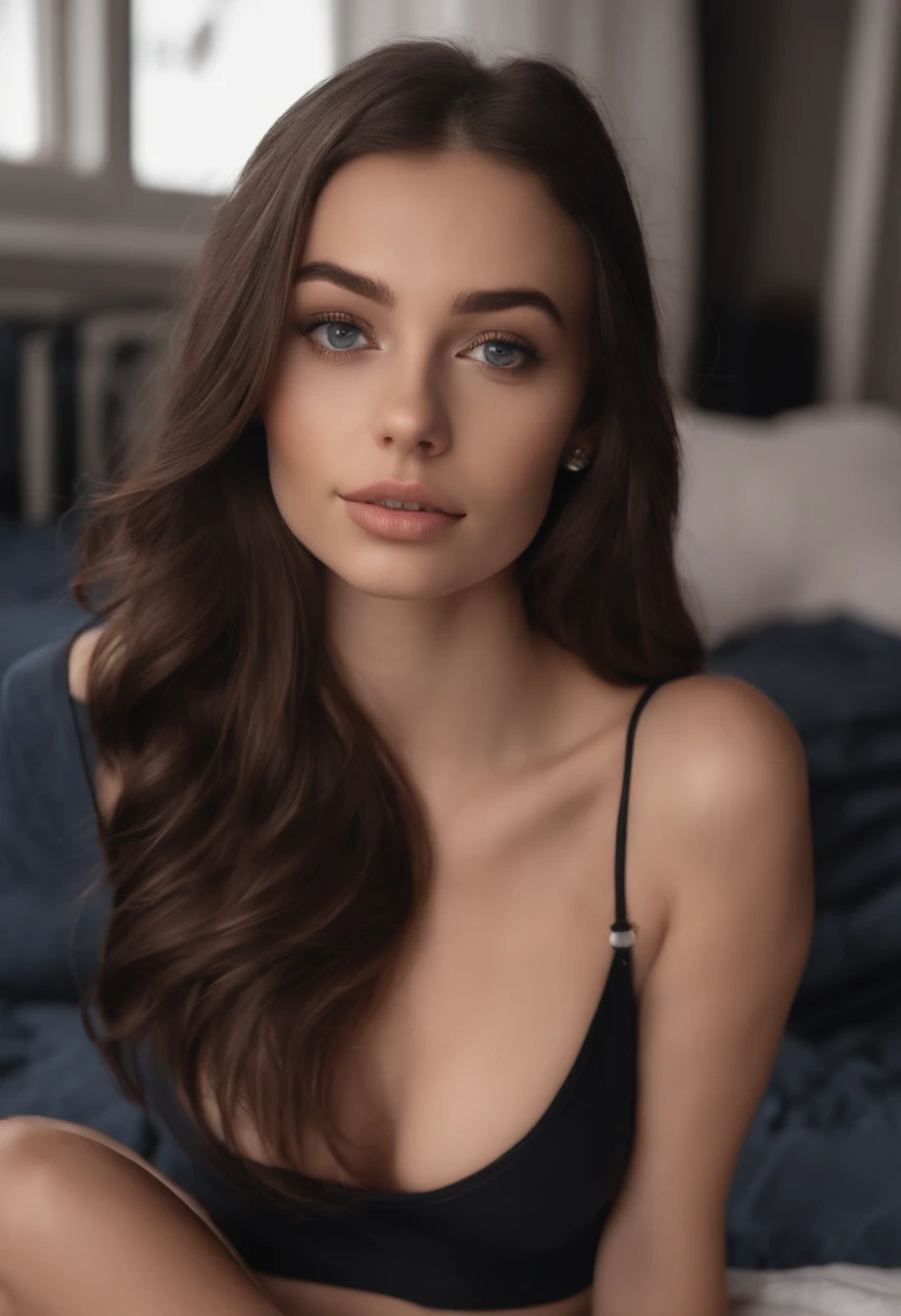 arafed woman with matching tank top and panties, sexy girl with blue eyes, portrait sophie mudd, brown hair and large eyes, selfie of a young woman, bedroom eyes, violet myers, without makeup, natural makeup, looking directly at the camera, face with artgram, subtle makeup, stunning full body shot, cleavage, at the mall