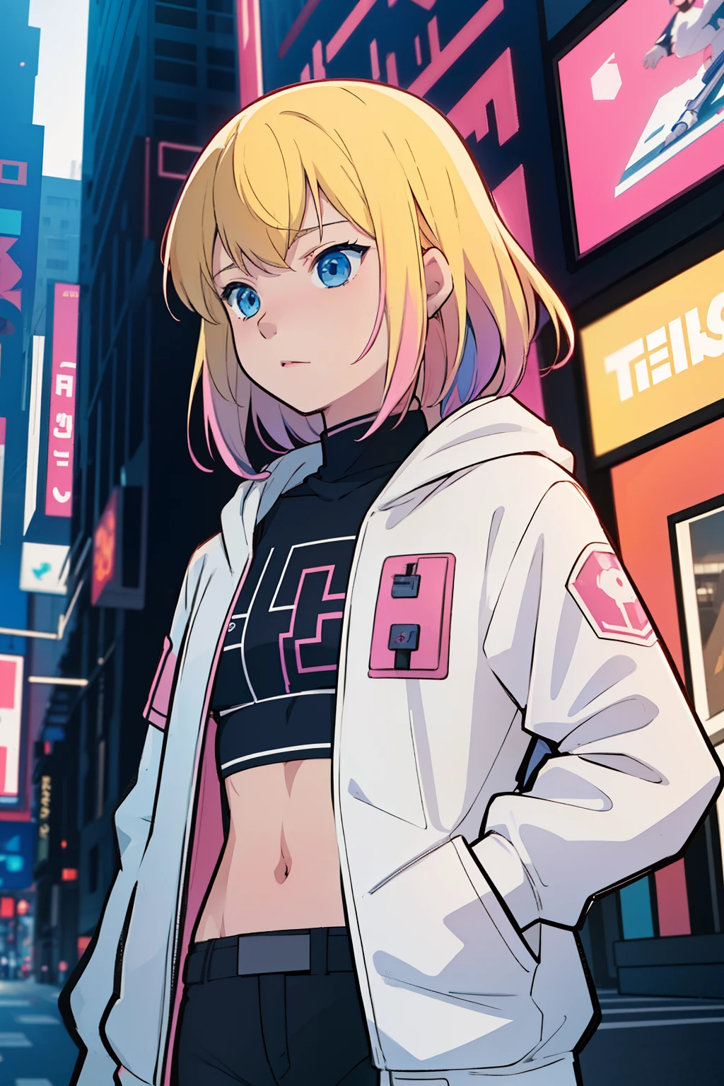 solo, 1girl, (masterpiece), (( appearance)), Blonde hair, Medium hair, blue eyes, anime girl, small breasts, white jacket with pink details and black shirt, white pants, cyberpunk city, nigth,