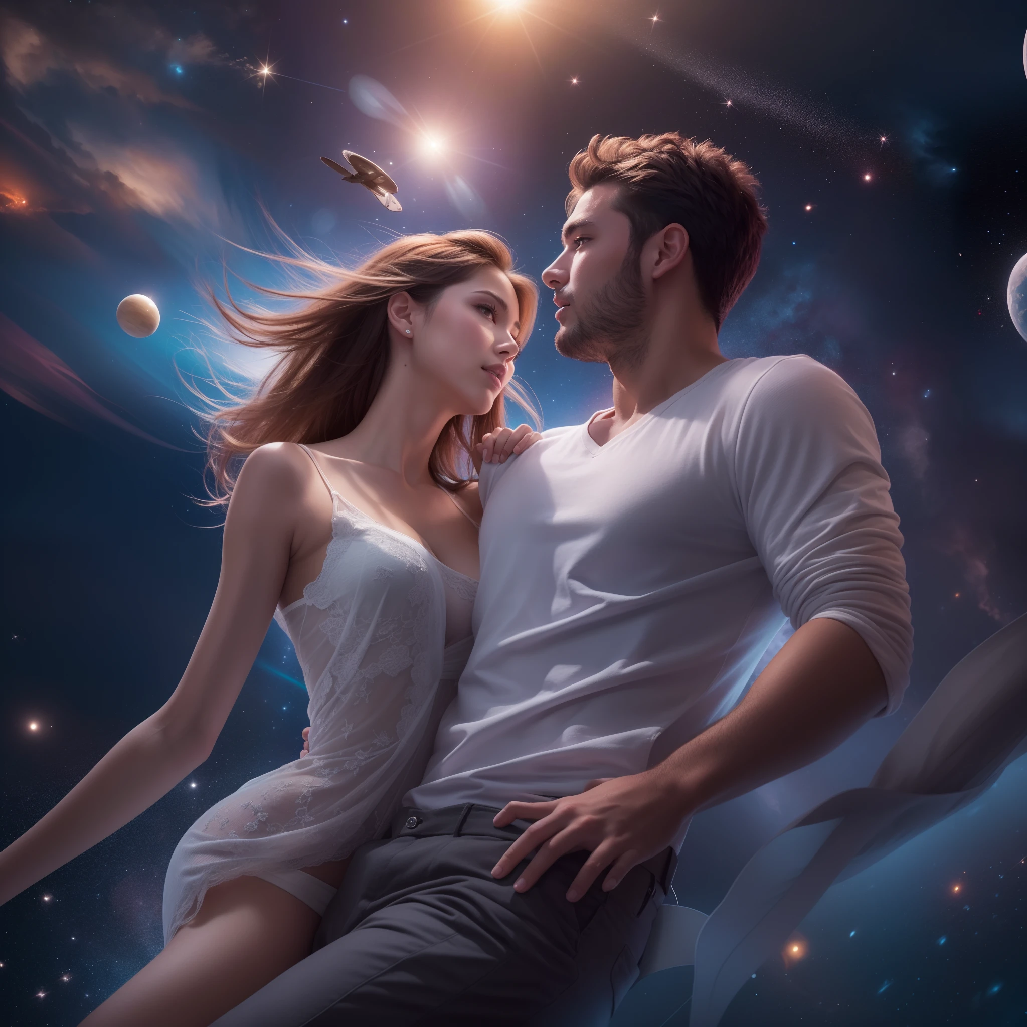 Two beautiful men and women floating in the weightless space of space, staring at each other, nude art, a sophisticated romance that does not exist on earth, a meteor shower in the background, high resolution, high image quality, photorealistic, realistic and detailed touch,