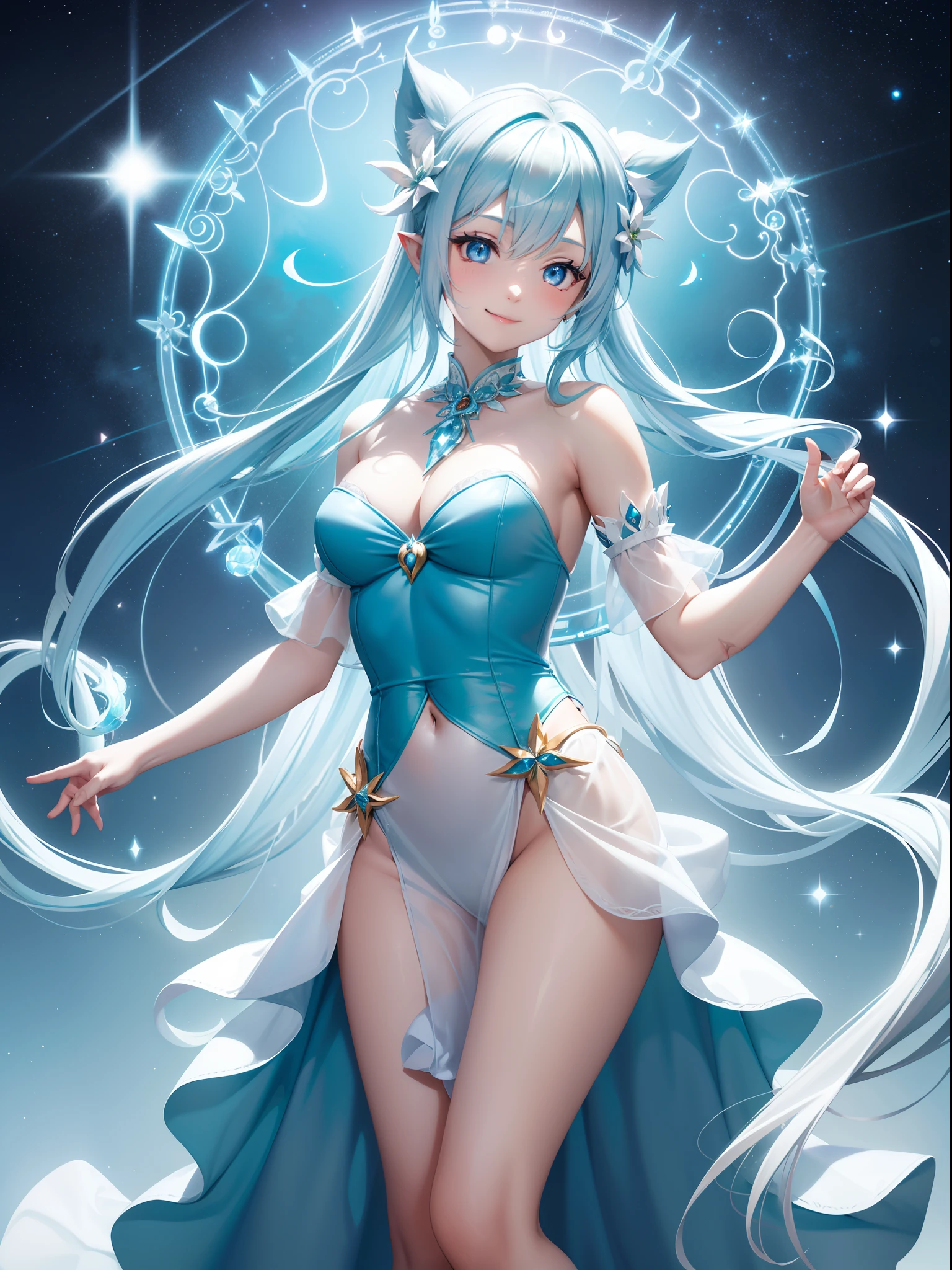 Super Idol a beauty girl A charming smile sky blue hair length hair Twin-tailed See-through costume in glowing bright green and white Mystical Fantasia constellation a moon Crystal Brilliance
Spirit of Polar Light
World of ice and snow
The power of light and magic
Guardian of nature
Symbol of good luck or blessing
Butoh and music
Fantastic existence
Polar Fairy
Arctic and Antarctic
Beauty and mystique