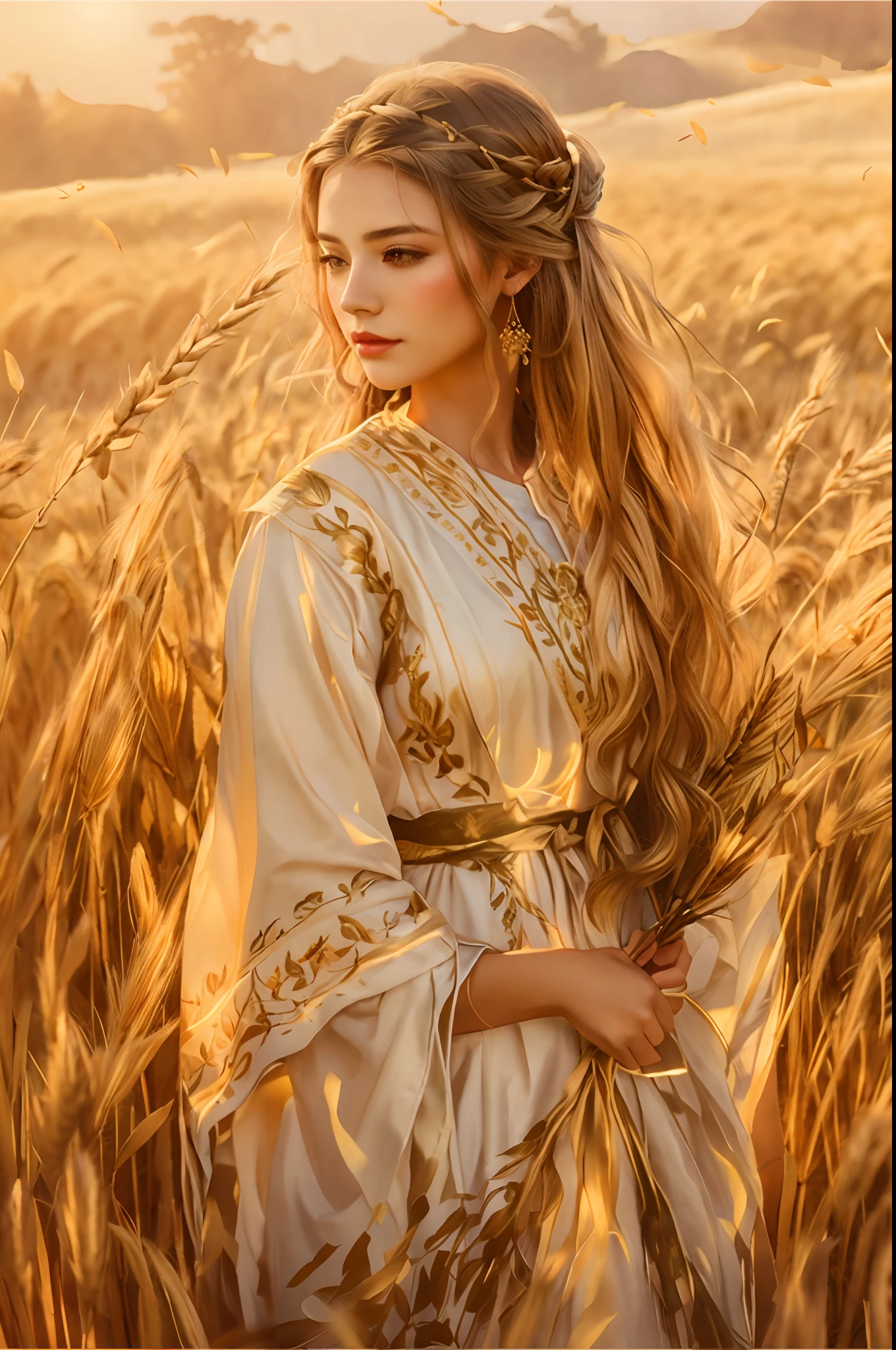 Picture of a woman in a wheat field, beautiful character painting, The Goddess of the Autumn Harvest, palace , girl in Hanfu, beautiful digital artwork, beautiful digital painting, gorgeous digital painting, beautiful illustration, beautiful gorgeous digital art, Yang J, a beautiful fantasy empress, detailed painting 4 k, beautiful digital art, Very beautiful digital art
