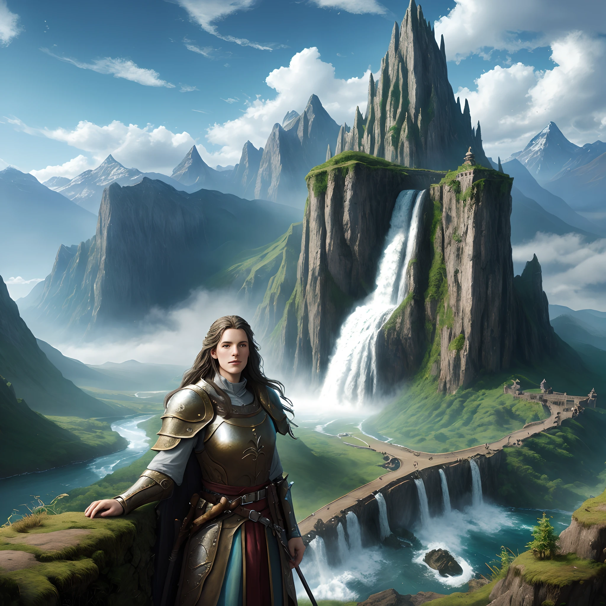 Fantasy movies, high definition, high quality, high detail, colorful, high saturation, portraits of fantasy characters, medieval fantasy game art, waterfalls, clouds, mountains, rivers, archangels