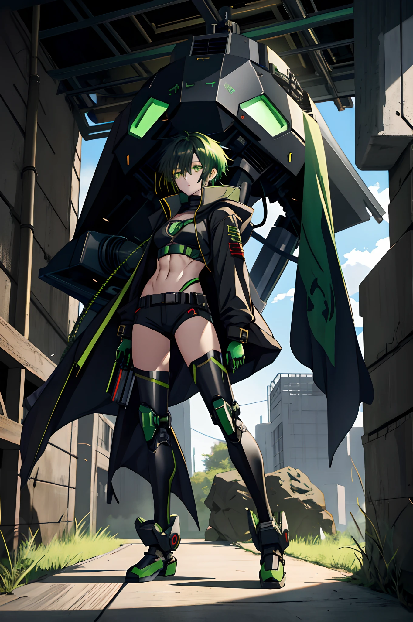 Anime girl sitting on the ground，Black cape and green hair, rogue anime girl, the anime girl is crouching, Wearing a cloak on the blasted plain, asuka suit under clothes!, holy cyborg necromancer girl, badass posture, mechanic punk outfit, anime styled 3d, render of a cute 3d anime girl, gapmoe yandere grimdark, Female character，musculature，Abs，Glowing green eyes，Black hair with green gradient，short detailed hair，Bunched hair，Dull hair，huge tit，Tomboyish，Be red in the face，looking at viewert，There was a mech next to her，One-eyed mech，The mech extends its shield to protect her，Round shield，Humanoid mech，complete with guns in her hands