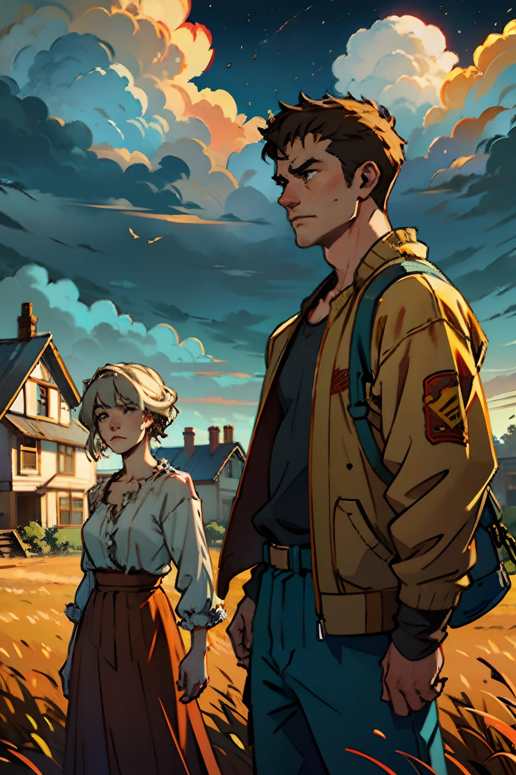 A man and woman in tattered clothes, standing in front of a destroyed house, close up, background is open field, mood is destructive, sad, dejected, autumn, evening light, dark sky with clouds, character design.