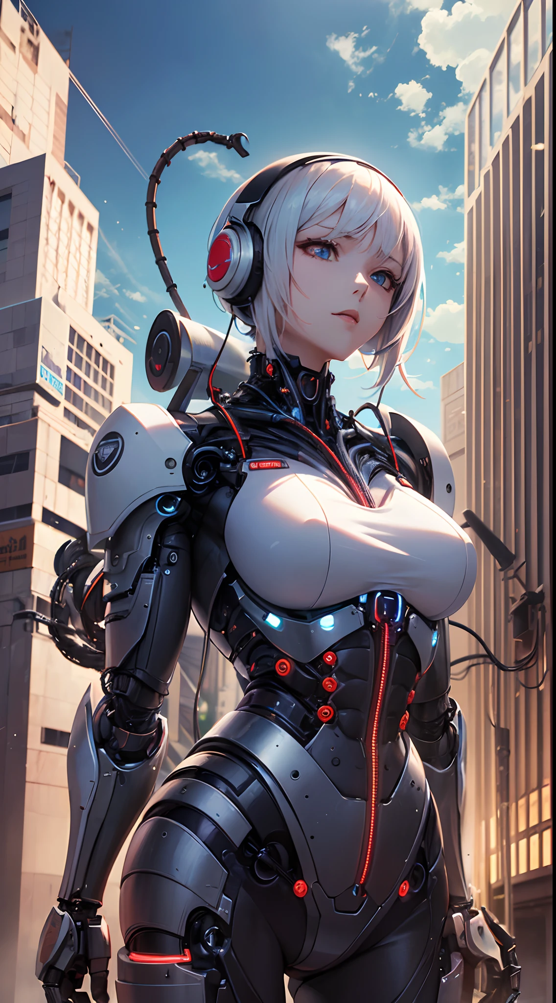 (((masterpiece))), ((best quality)), ((ultra-detailed)), (CG illustration), (an extremely devious and beautiful)), cinematic light, ((1 mechanical girl)), single, full, (machine-made joints: 1.4), ((mechanical limb)), ( blood vessels attached to the tube), ((mechanical spine attached to the back)), ((mechanical cervical vertebrae attached to the neck), ((combat stance)), expressionless, (wires and cables attached to the head and body: 1.5), (character focus), science fiction, apocalypse, glow