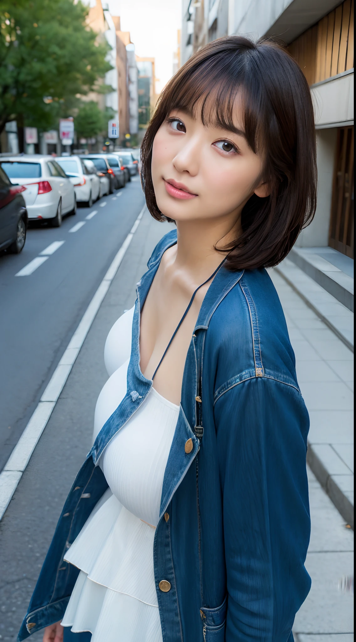 Real 4K resolution、Raw photo、Delicate depiction、realisitic、Mud Finish、Matte finish、Nikon D750、High pixel、japanese pretty woman、Age 20 years old、ssmile、Short bob hair、small tits、Smaller chest、B cup breasts、flat breast、Smaller chest、No cleavage、Denim jacket、bra very、Denim miniskirt、Full body portrait、plein air、
