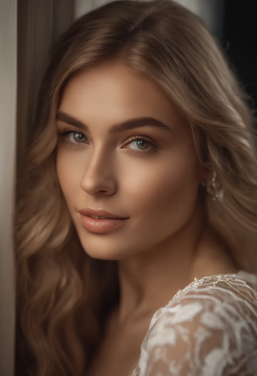 Arafed Full Woman, Sexy Girl with Blue Eyes, , Ultra Realistic, Meticulously Detailed, Portrait of Sophie Mudd, Blonde Hair and Big Eyes, Selfie of a Young Woman, Bedroom Eyes, Violet Myers, No Makeup, Natural Makeup, Looking Directly at the Camera, face artgram, subtle make-up, Impressive photo of the whole body kneeling on the bed, In the bedroom, Medium and large size chest, allowing the face to be seen clearly, portrait
