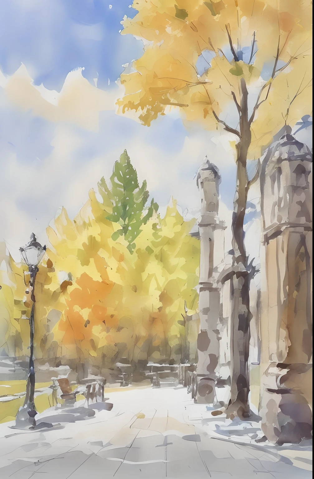 watercolor pattern of beautiful sunny snow mountains, bagas, beautiful trees, cores calmas, lots of yellow trees , beautiful autumn, Textura de papel aquarela.
