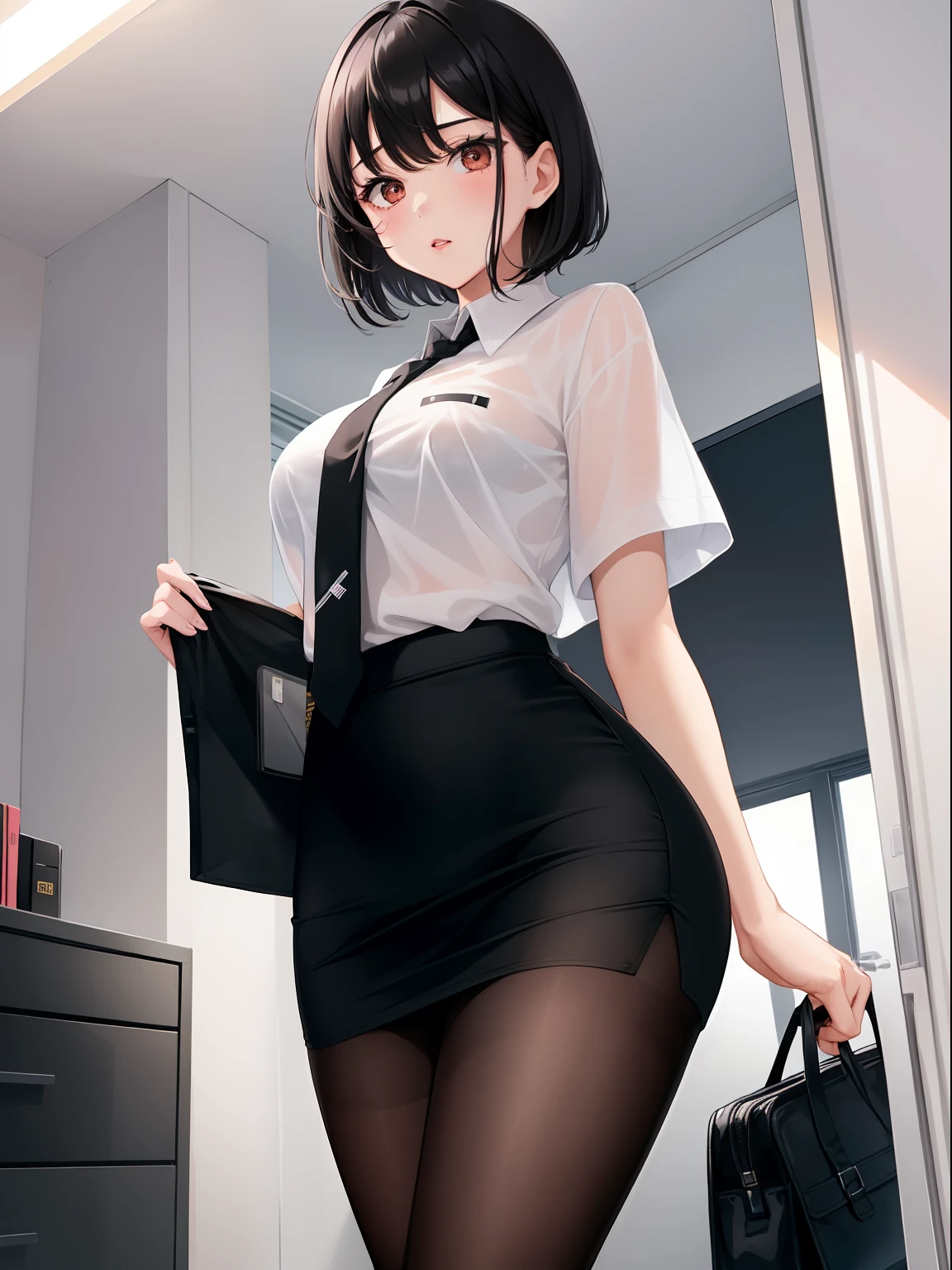 1girl in, Solo, (Black hair:1.15), , Short hair, White shirt, Miniskirt, Skirt, Black skirt, Pencil_Skirt, Cowboy Shot, black necktie,A room in a business hotel, Pink pantyhose、Sheer shirt